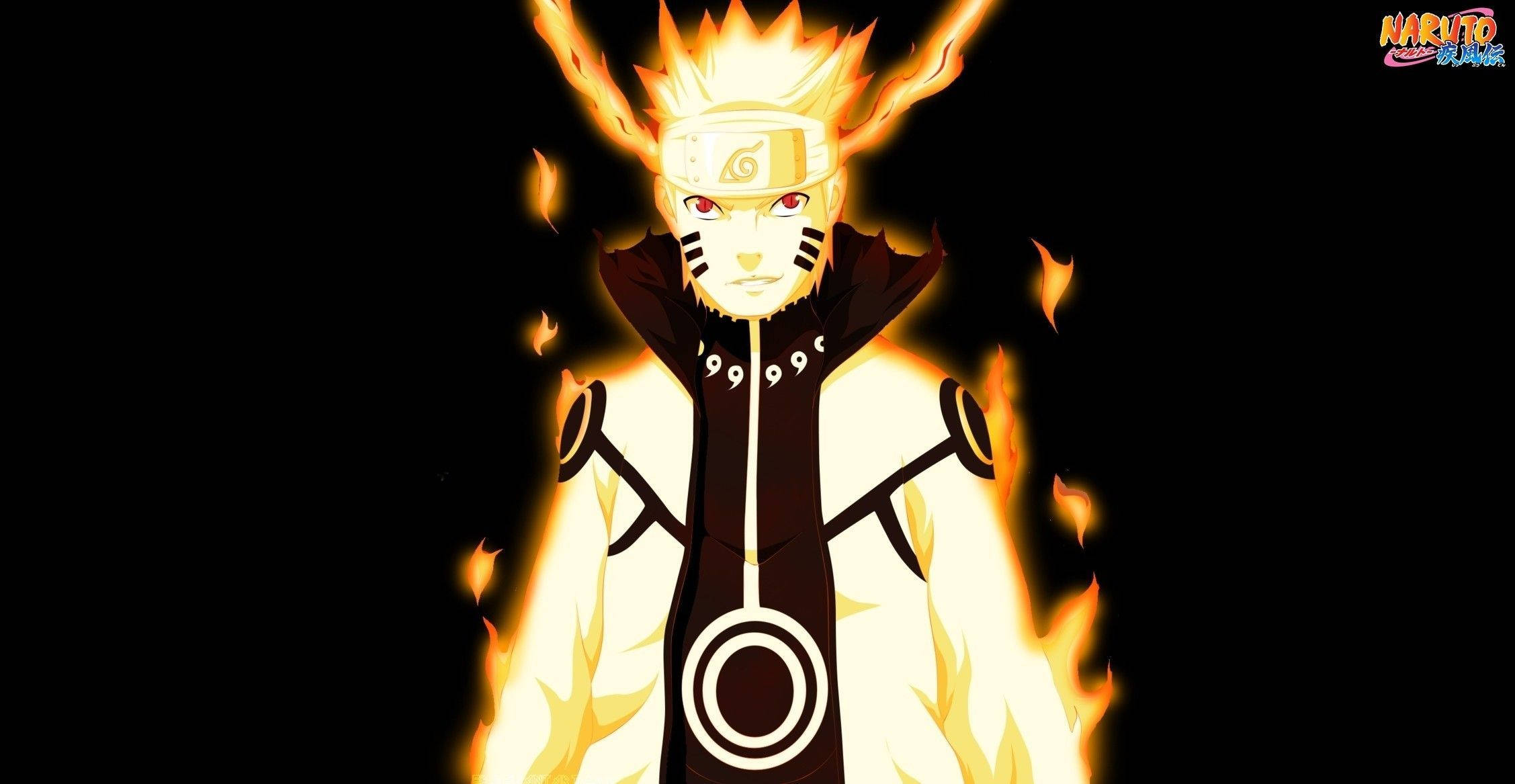 Naruto Nine Tails 桌布 壁紙 — 鳴人·漩渦在九尾查克拉模式下，於黑色背景中散發出強烈的金色火焰。