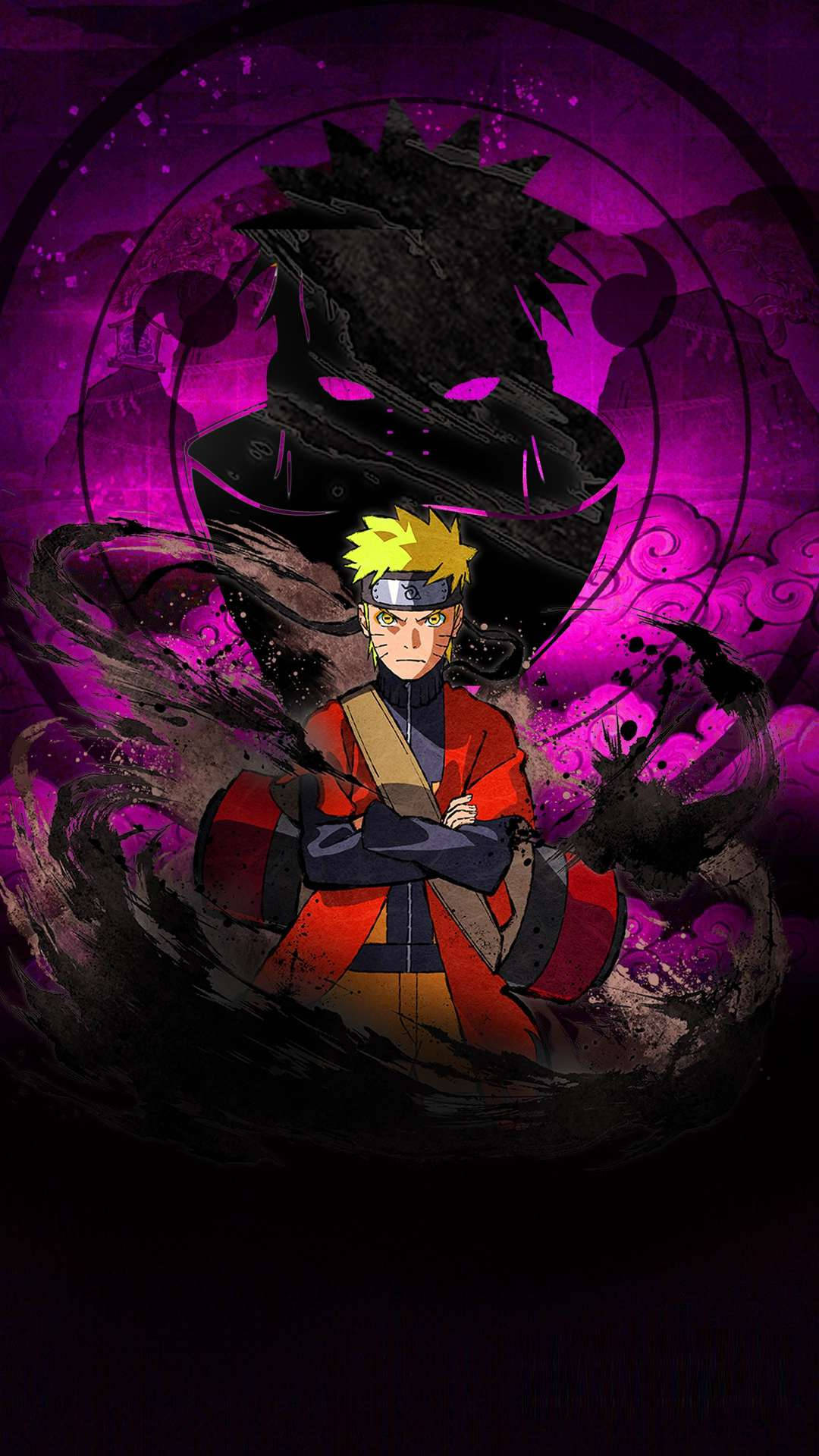 Naruto And Sasuke 桌布 壁紙 — 鳴人以交叉雙臂的姿態挑釁地站立，身後一個黑暗陰影人物在旋轉的紫色背景前若隱若現。