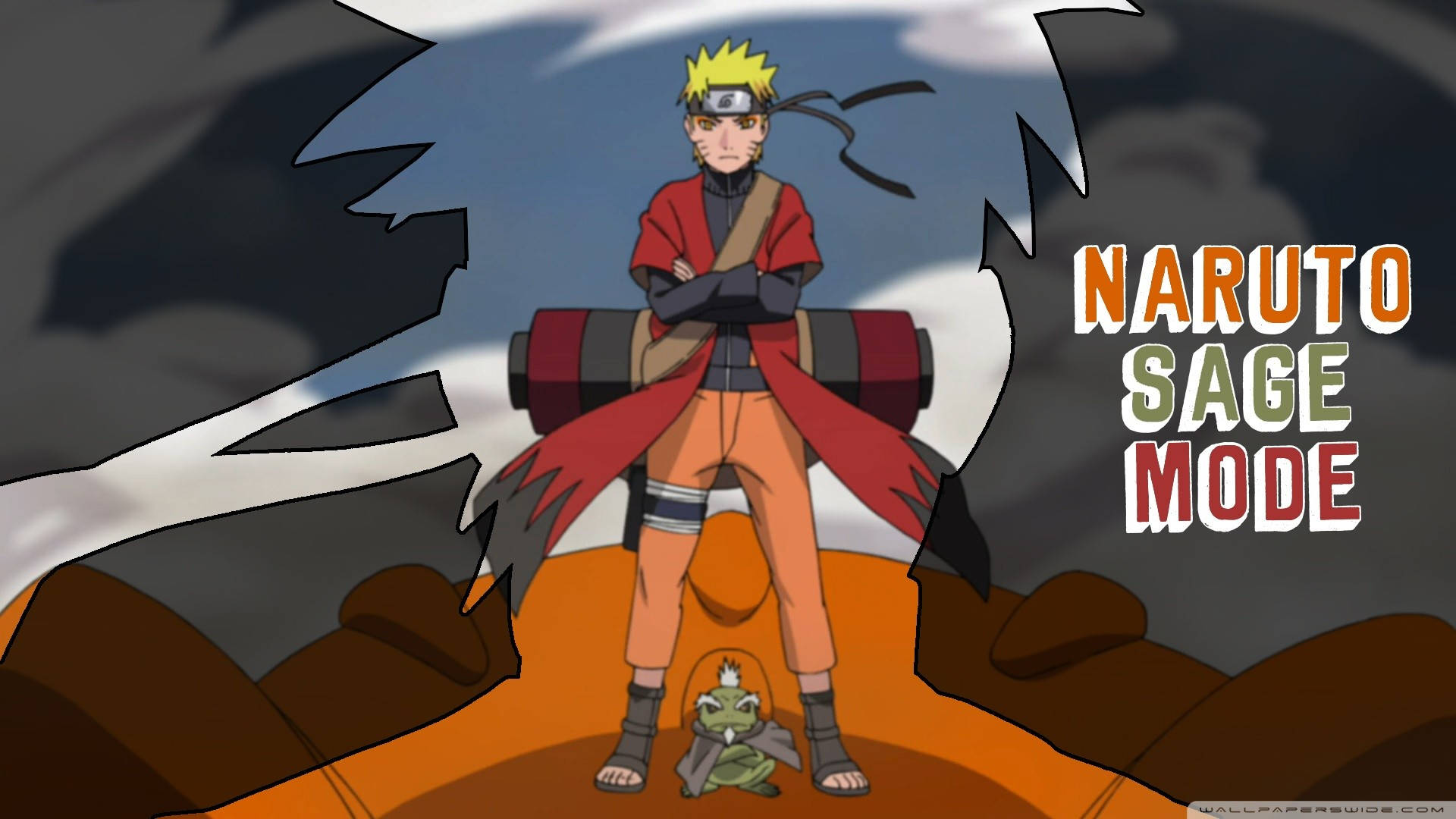 Naruto Sage Mode 桌布 壁紙 — 鳴人以仙人模式自信地交叉雙臂站在岩石地形上，旁邊有一隻小蟾蜍，背景是暴風雨的天空。