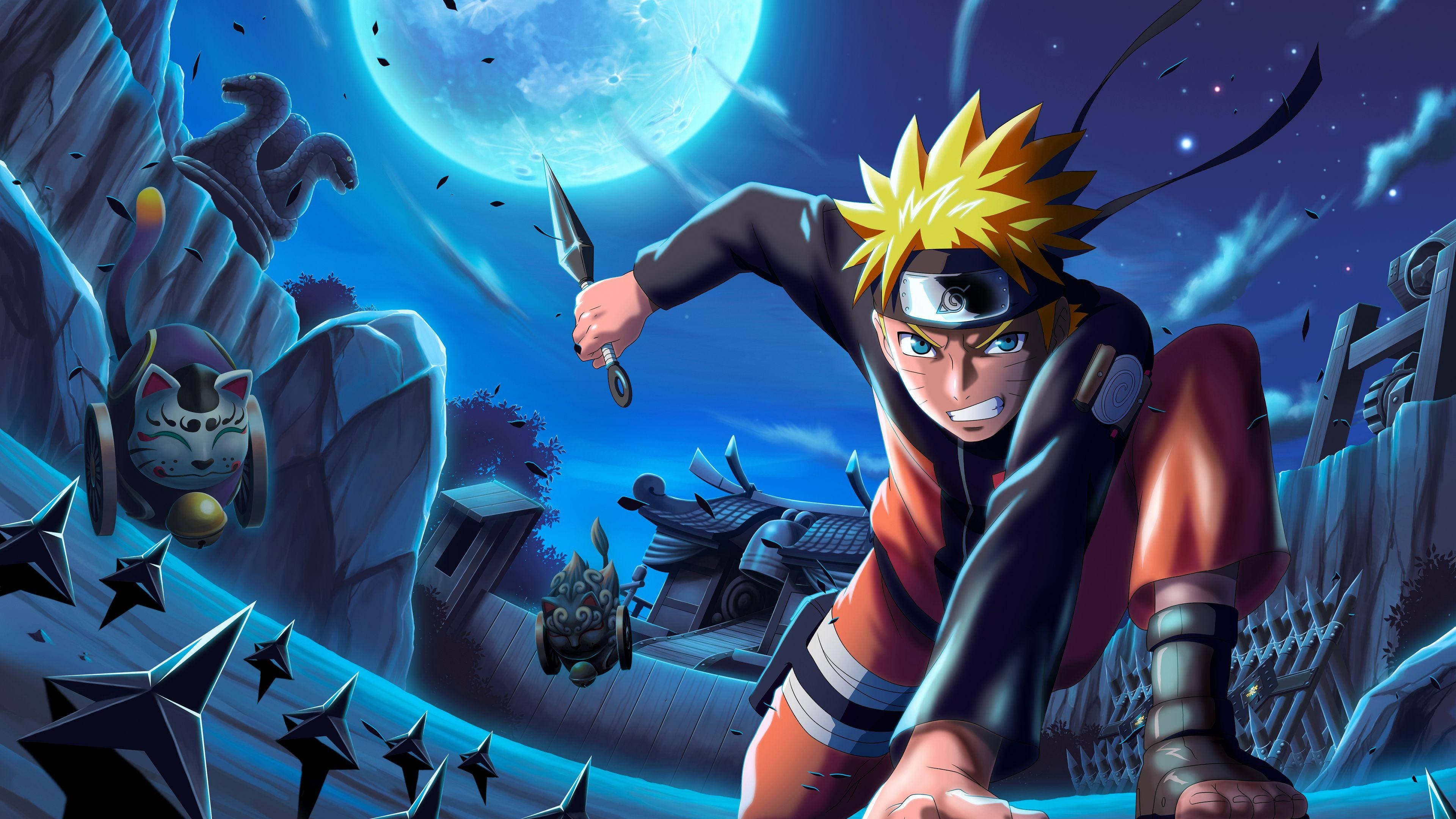 Anime Gaming 桌布 壁紙 — 鳴人以動態戰鬥姿勢揮舞苦無，在發光的藍月下，伴隨著飛舞的手裏劍和石像。