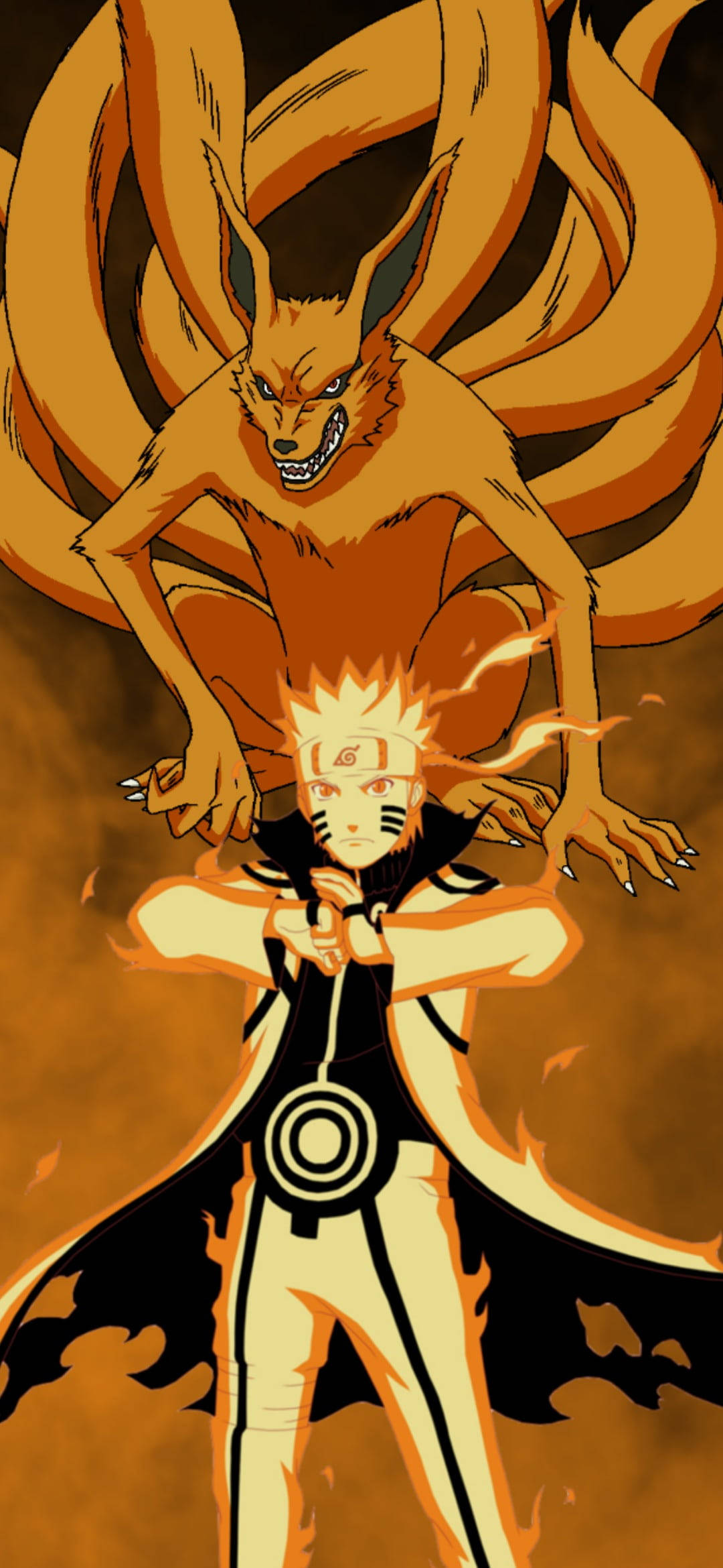Kurama 桌布 壁紙 — 鳴人以英雄姿態站立，身後九尾狐九喇嘛在熾熱的橙色色調中隱現。