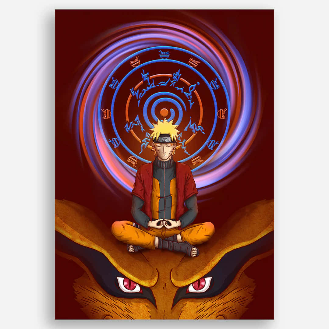 火影忍者 桌布 壁紙 — 鳴人在一隻巨大狐狸上面冥想，狐狸的眼睛發出紅光，他身後形成旋轉的藍色和橙色查克拉符號。