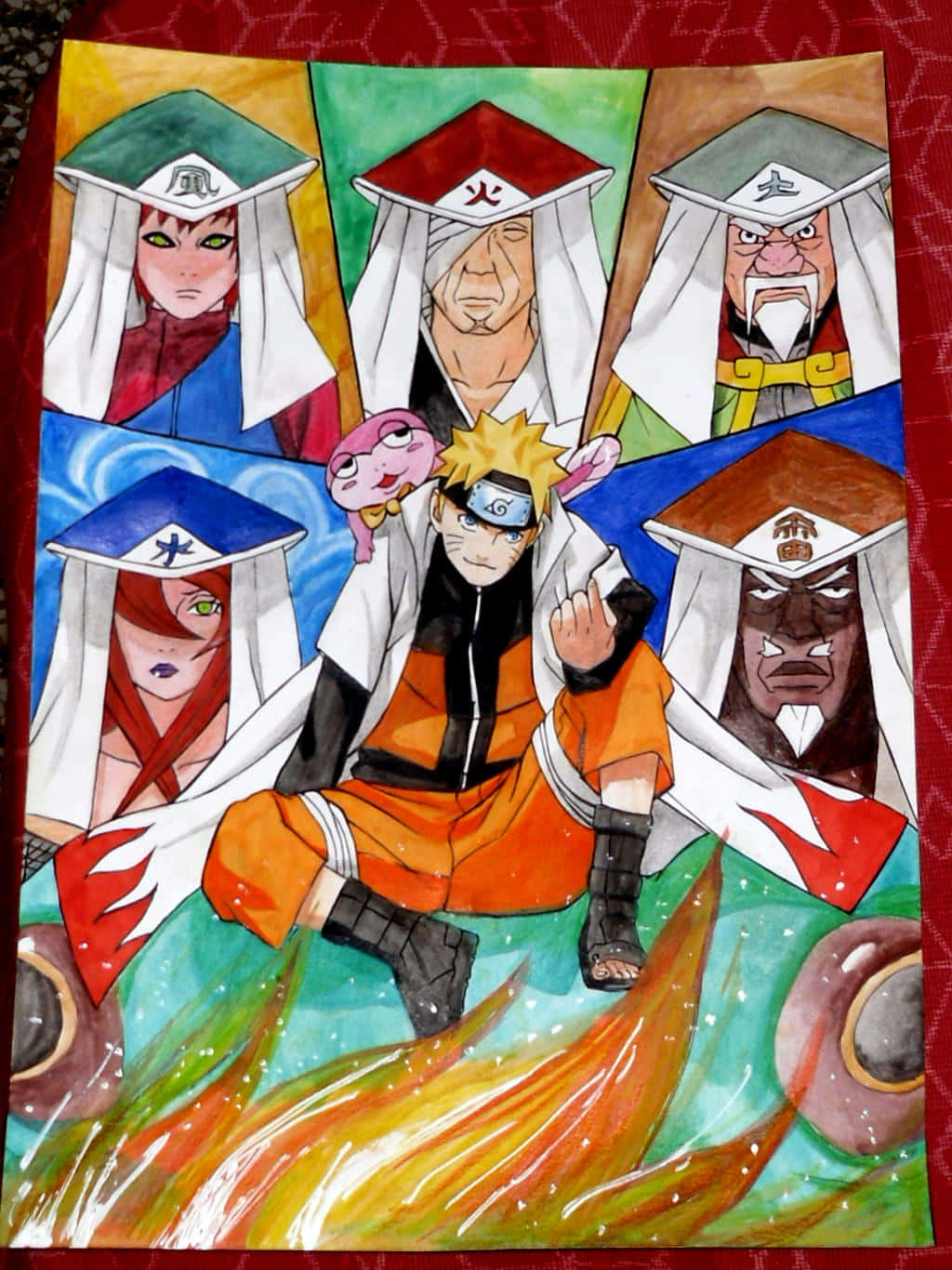 Naruto Kage 桌布 壁紙 — 鳴人坐在五個火影肖像中間，腳下有一個火焰漩渦，呈現出充滿活力的動漫插圖。