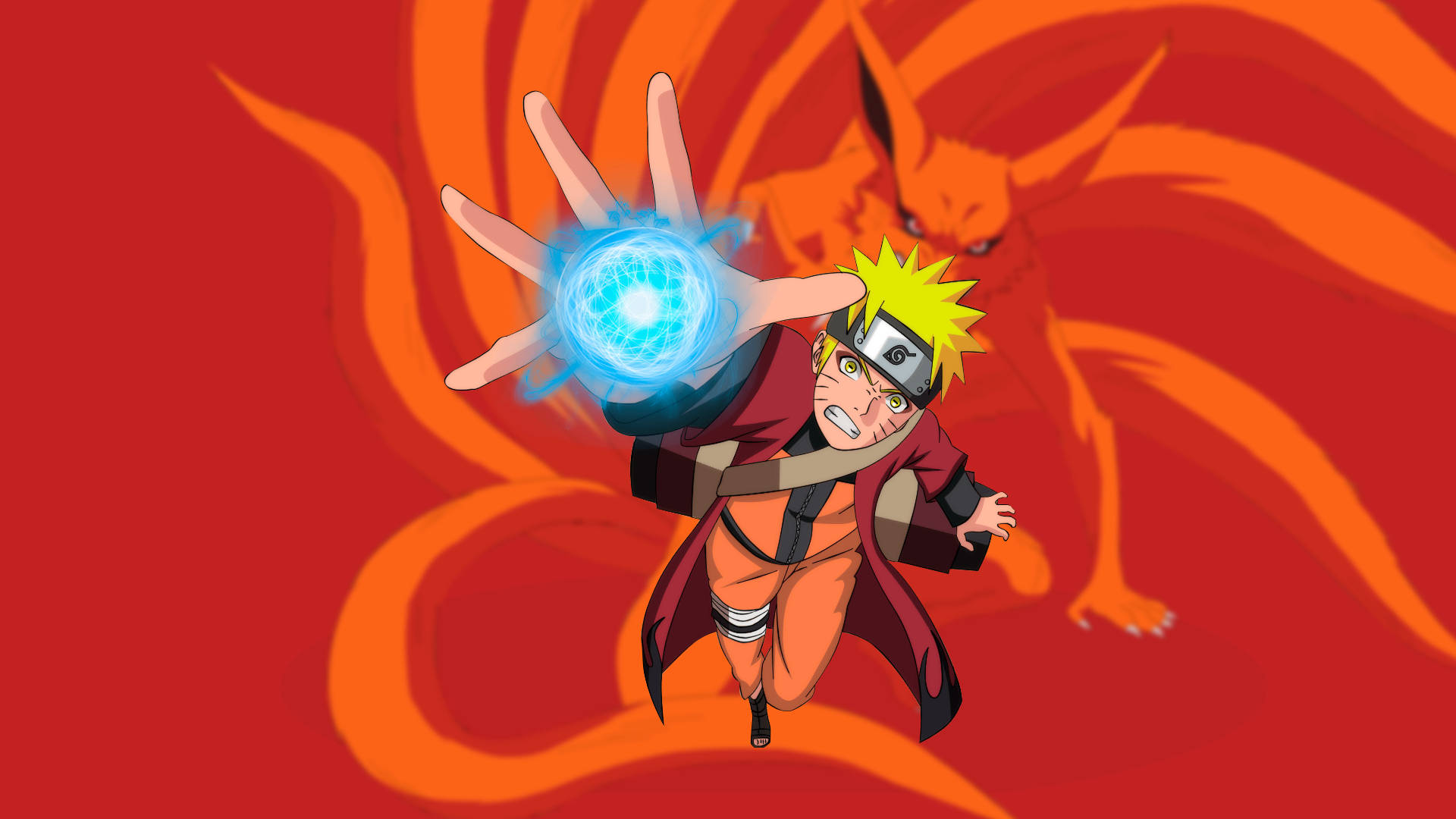 Naruto Rasengan 桌布 壁紙 — 鳴人將查克拉凝聚成發光的藍色螺旋丸，而九尾狐靈在他身後以火紅背景襯托下隱現。