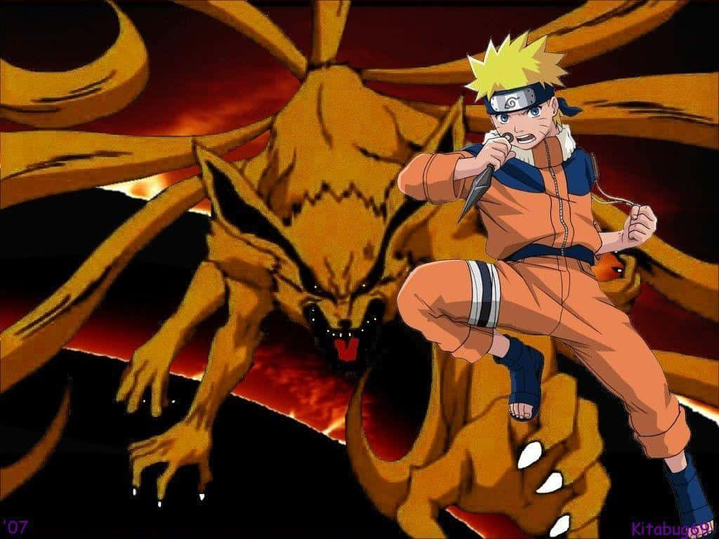 Naruto Nine Tails 桌布 壁紙 — 鳴人手持苦無擺好姿勢，背後九尾狐在熾熱的紅色背景前咆哮。