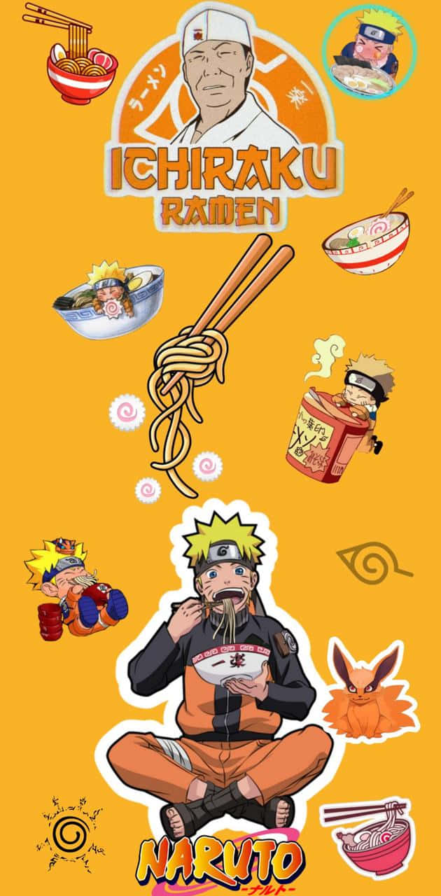 Noodles 桌布 壁紙 — 鳴人盤腿坐著吃拉麵，周圍有拉麵碗、筷子及動漫角色，背景為亮橙色。