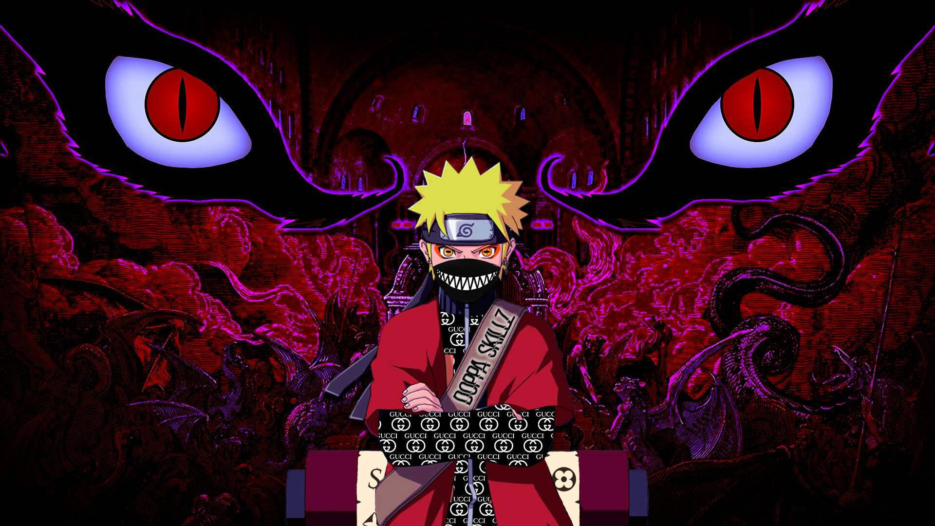 Naruto Gucci 桌布 壁紙 — 鳴人穿著紅色長袍，挑釁地站在一個擁有發光紫色眼睛和旋轉暗紅色能量的怪物實體面前。