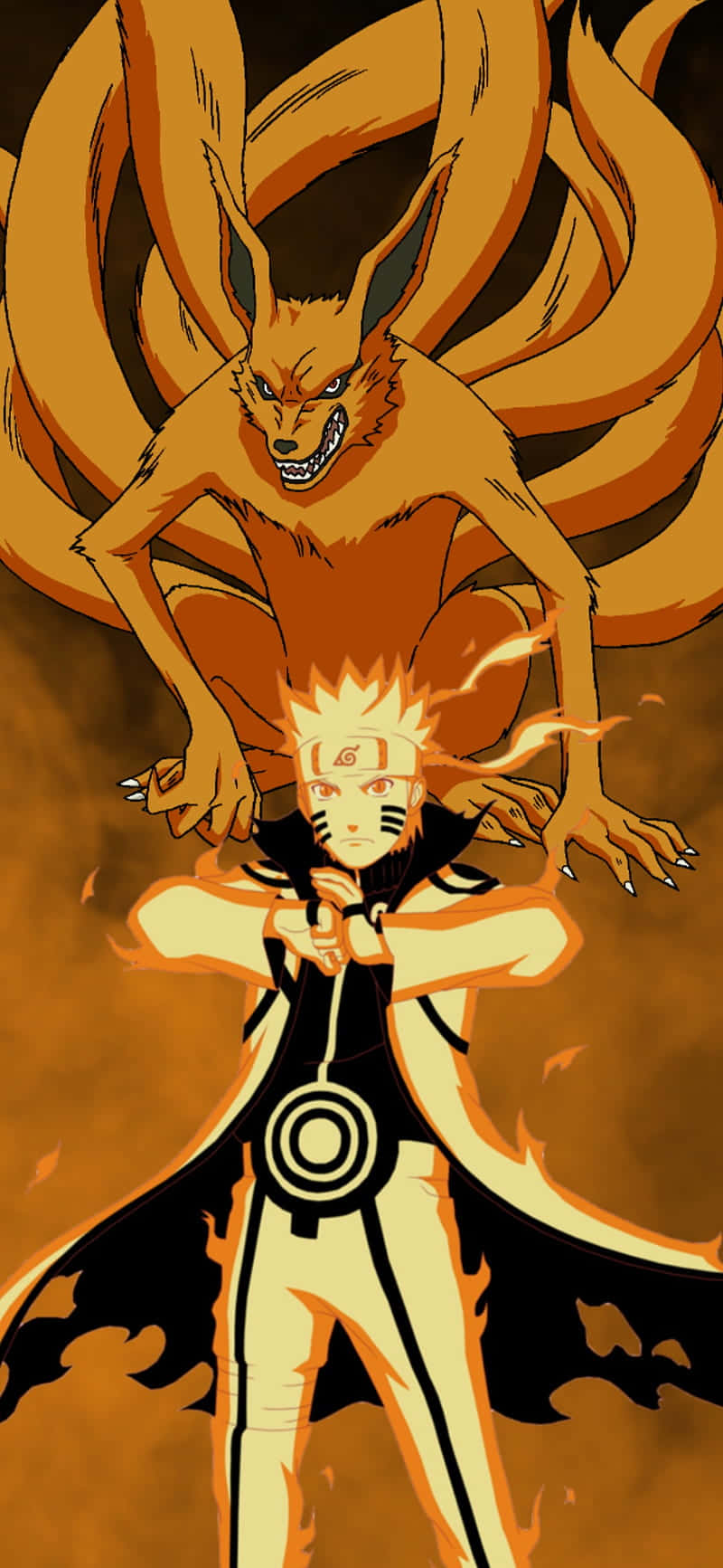 Naruto Nine Tails 桌布 壁紙 — 鳴人站在他的九尾查克拉模式中，一隻巨大的橙色狐狸在他身後的火熱背景下若隱若現。