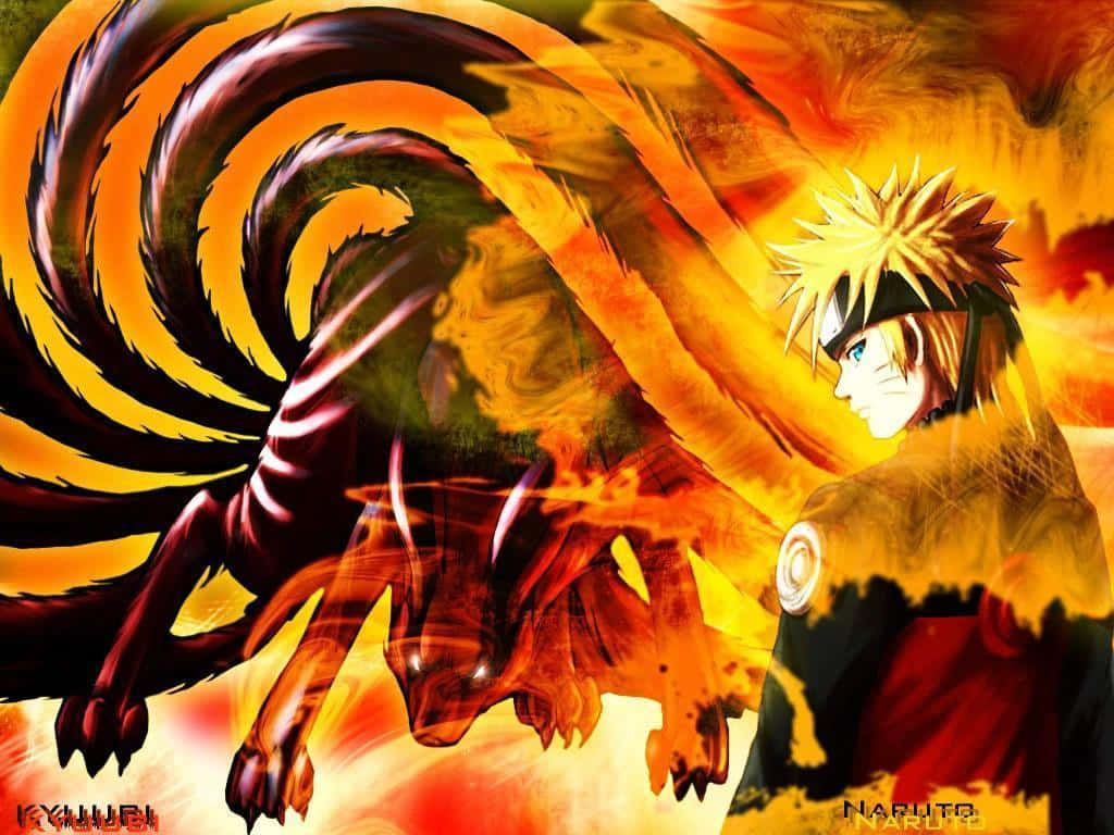 Naruto Nine Tails 桌布 壁紙 — 鳴人站在他的九尾狐形態旁邊，熾熱的橙色和黃色能量在他們周圍旋轉。