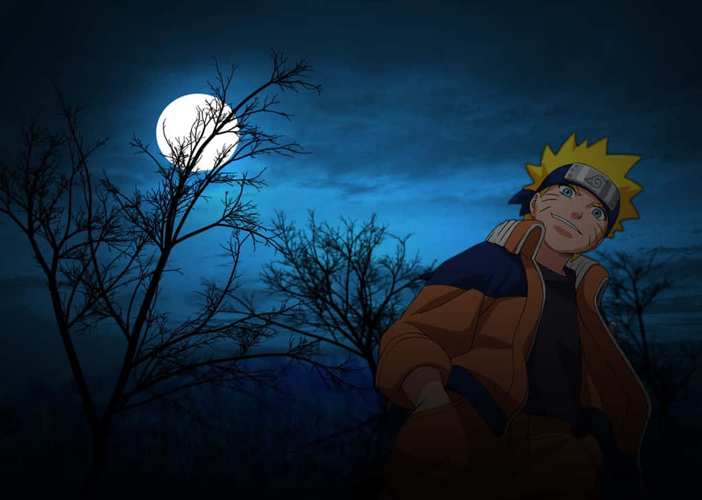 Naruto Alone 桌布 壁紙 — 鳴人站在滿月下，光禿的樹木在深藍色夜空襯托下形成剪影。