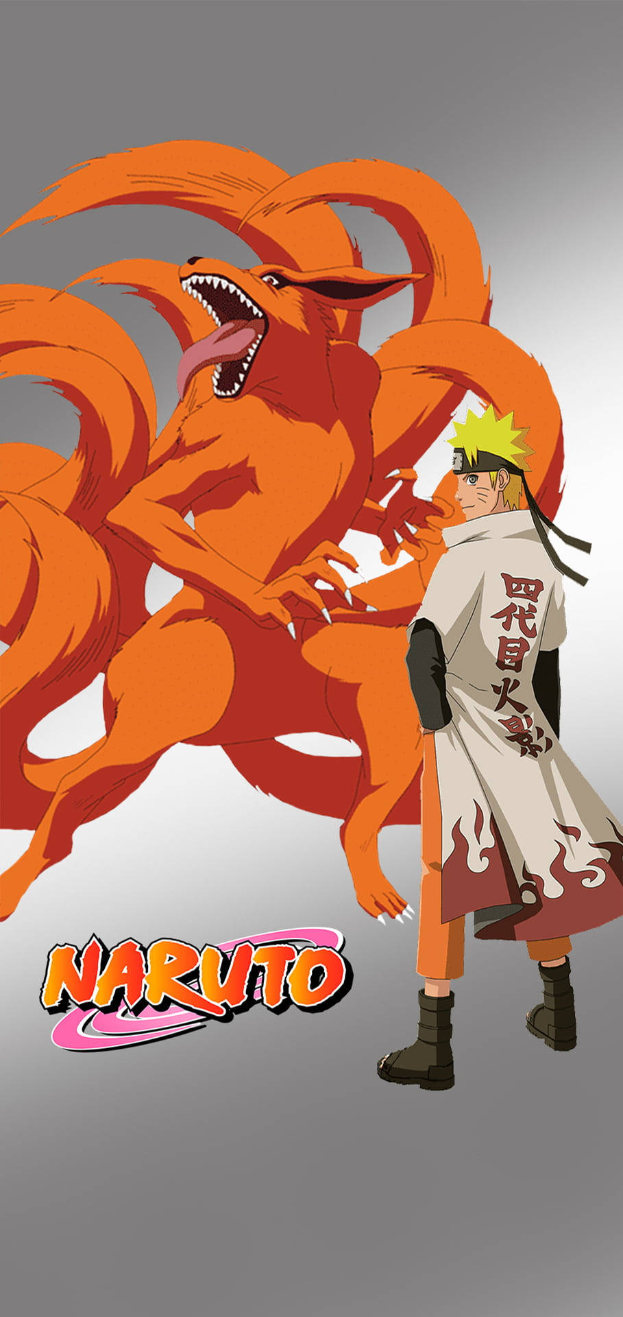 naruto poster 桌布 壁紙 — 鳴人自信地站在他巨大的橙色九尾狐九喇嘛旁邊，背景是純灰色。