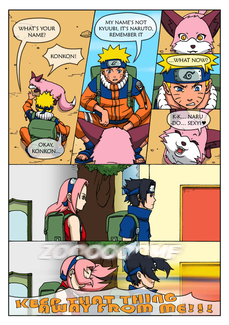 Funny Naruto 桌布 壁紙 — 鳴人與他的粉紅色狐狸夥伴Konkon在漫畫格中幽默互動，其他角色作出反應。