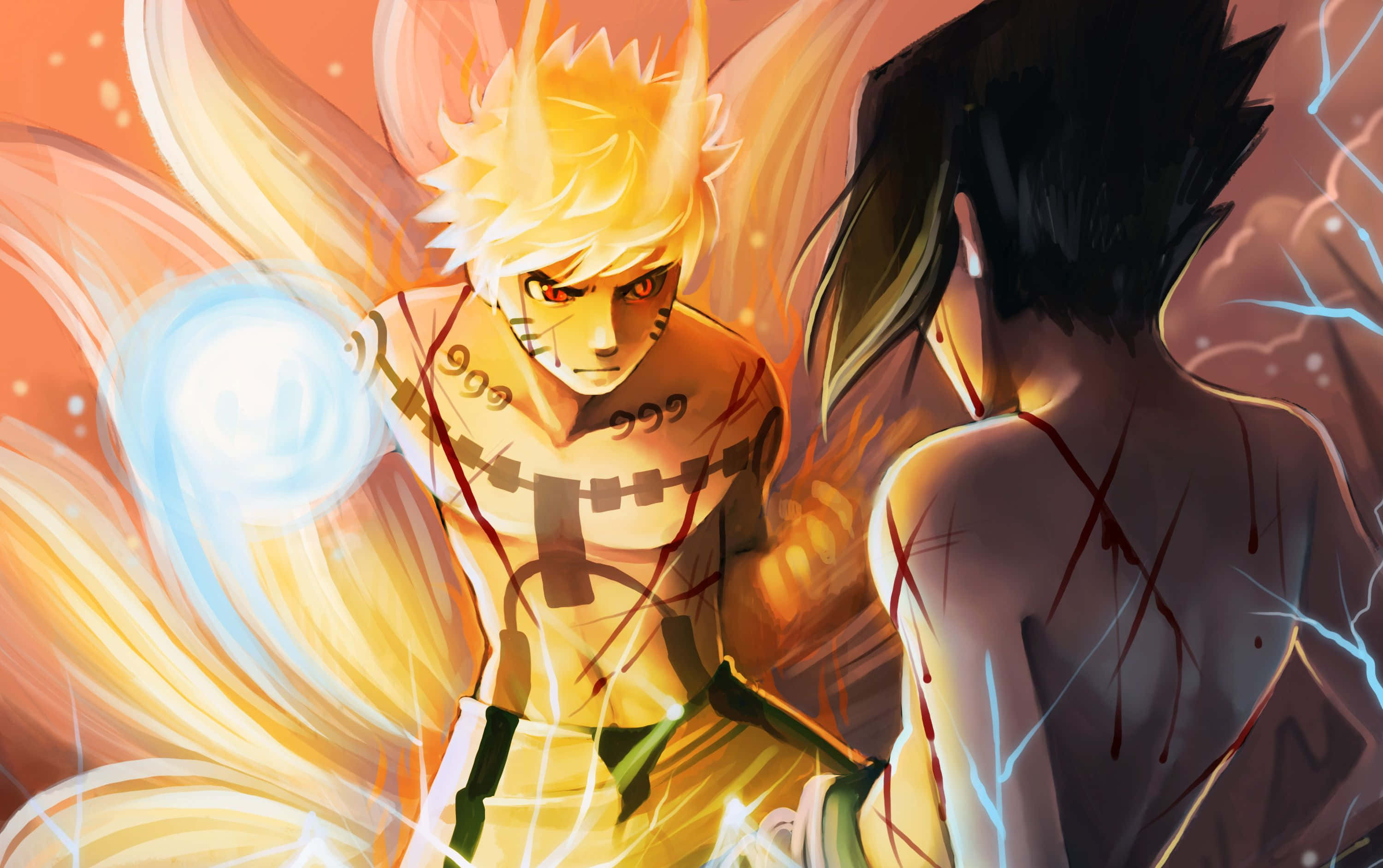 Naruto Fire 桌布 壁紙 — 鳴人處於九尾查克拉模式，在激烈的動畫戰鬥場景中對抗血跡斑斑的對手。