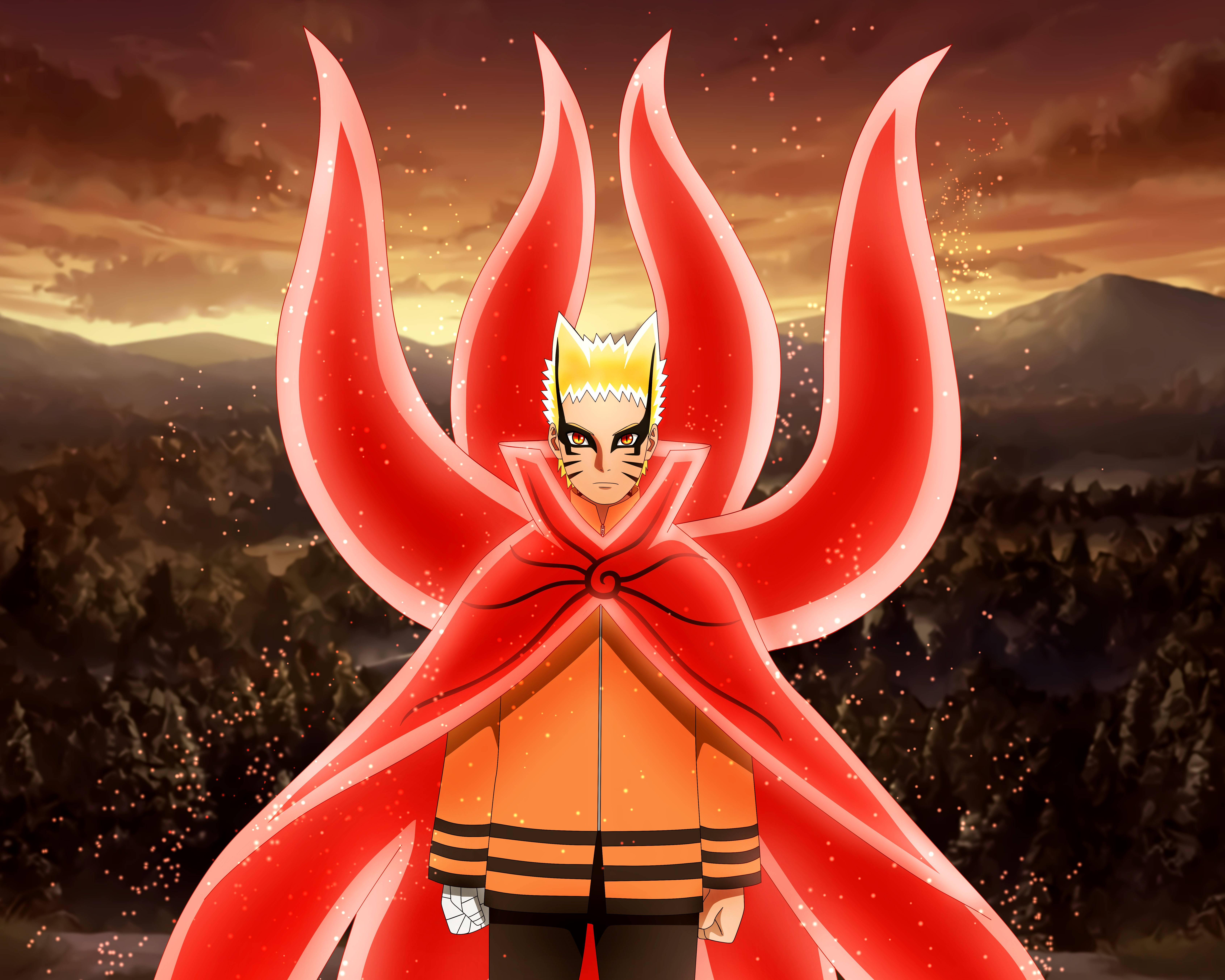 Naruto Nine Tails 桌布 壁紙 — 鳴人處於九尾查克拉模式，披著火紅色的斗篷，背景是日落山巒。