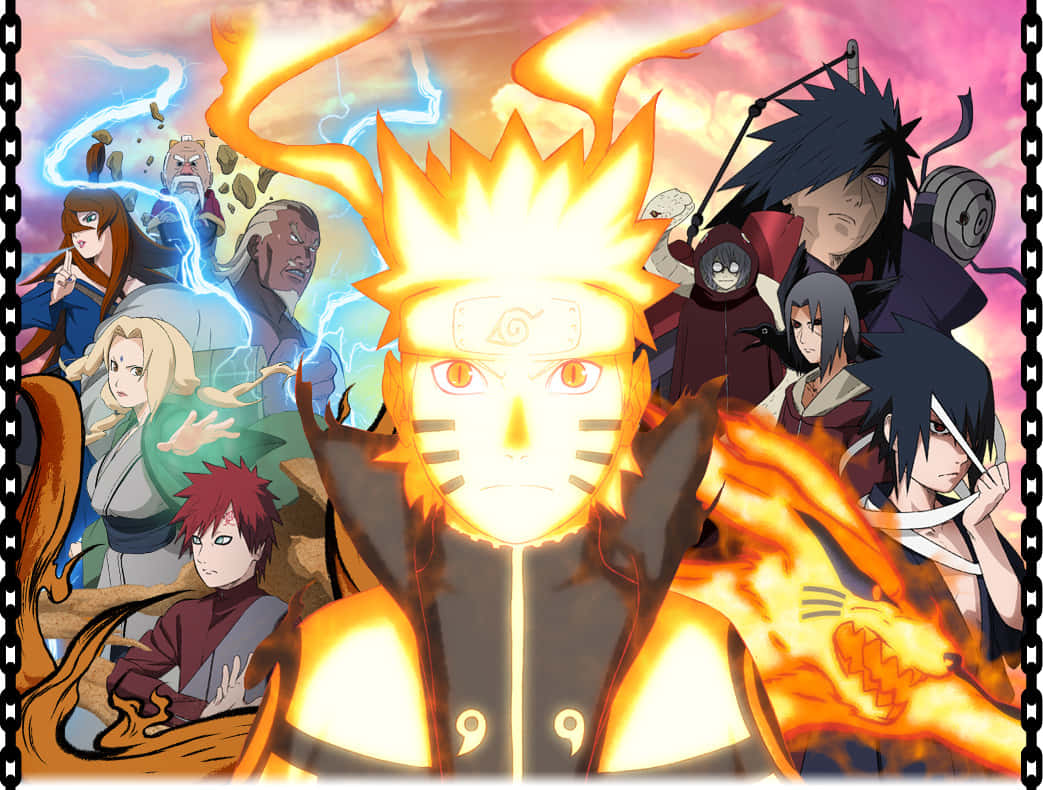 Ninja World 桌布 壁紙 — 鳴人處於九尾查克拉模式，被主要動漫角色包圍，背景是帶有閃電效果的熾熱天空。