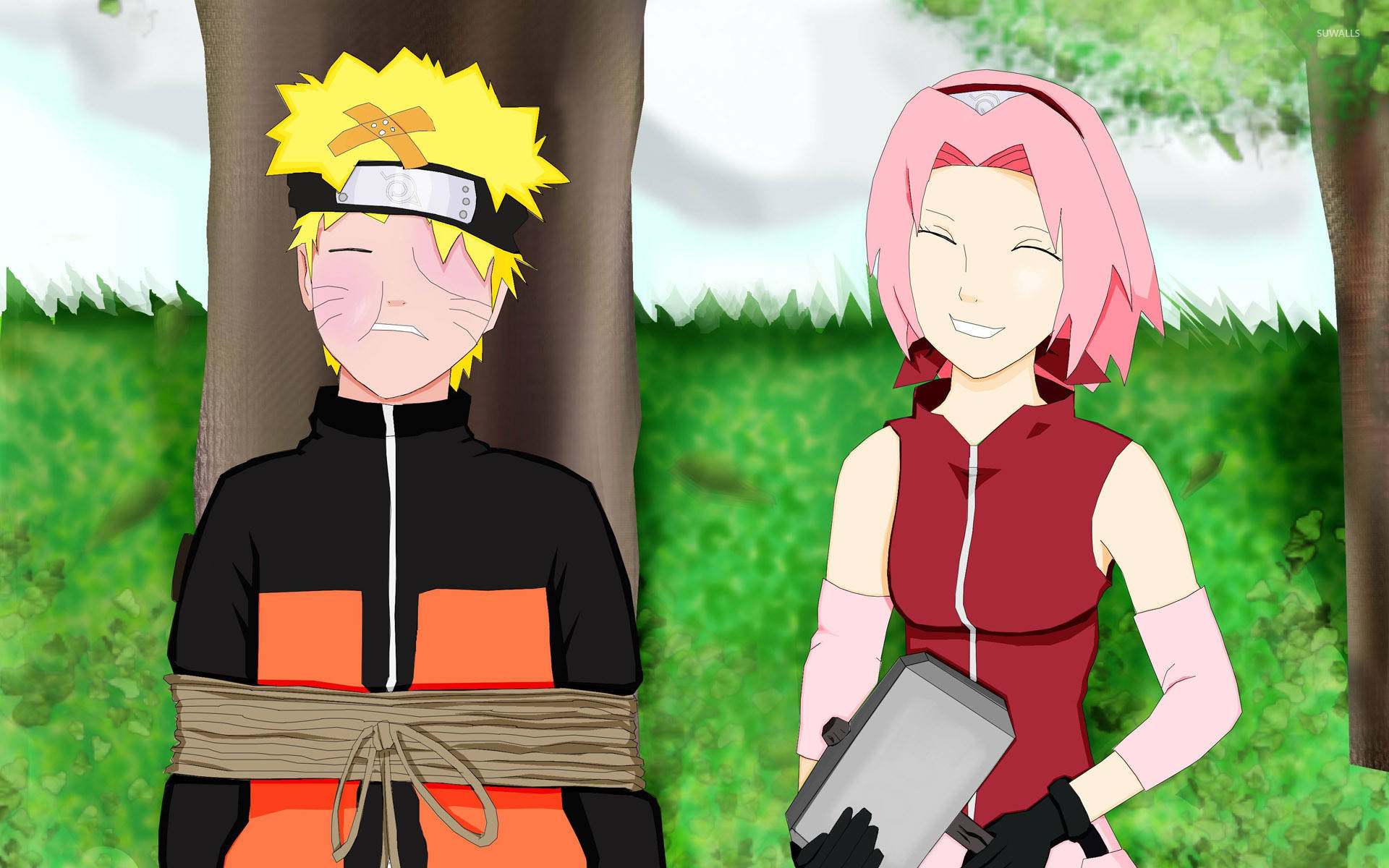 Sakura 桌布 壁紙 — 鳴人被綁在樹上，小櫻在他旁邊微笑，背景是充滿活力的動畫森林場景。