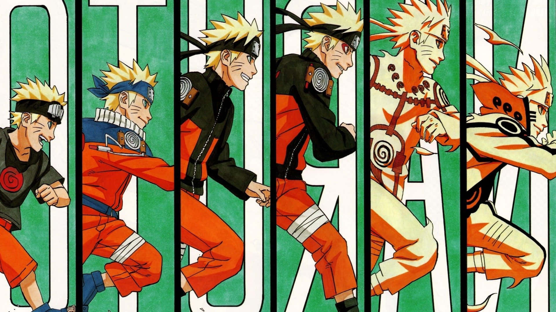 naruto poster 桌布 壁紙 — 鳴人角色以充滿活力的動漫風格，從年輕到力量經歷六個動態階段進化。