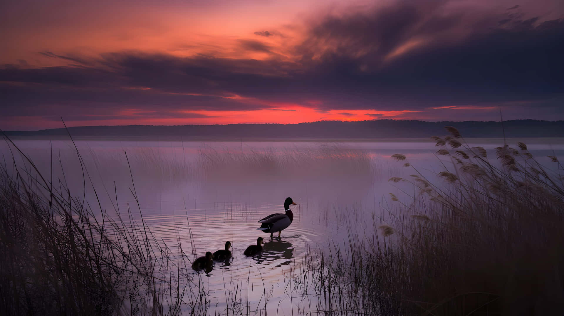 Cinematic Silhouette of Duck and Ducklings at Sunset with Vibrant Sky 壁紙 — 鴨媽媽和她的鴨寶寶在黎明時分，在火紅的橙色和紫色天空下，涉水穿過霧氣瀰漫的水面。