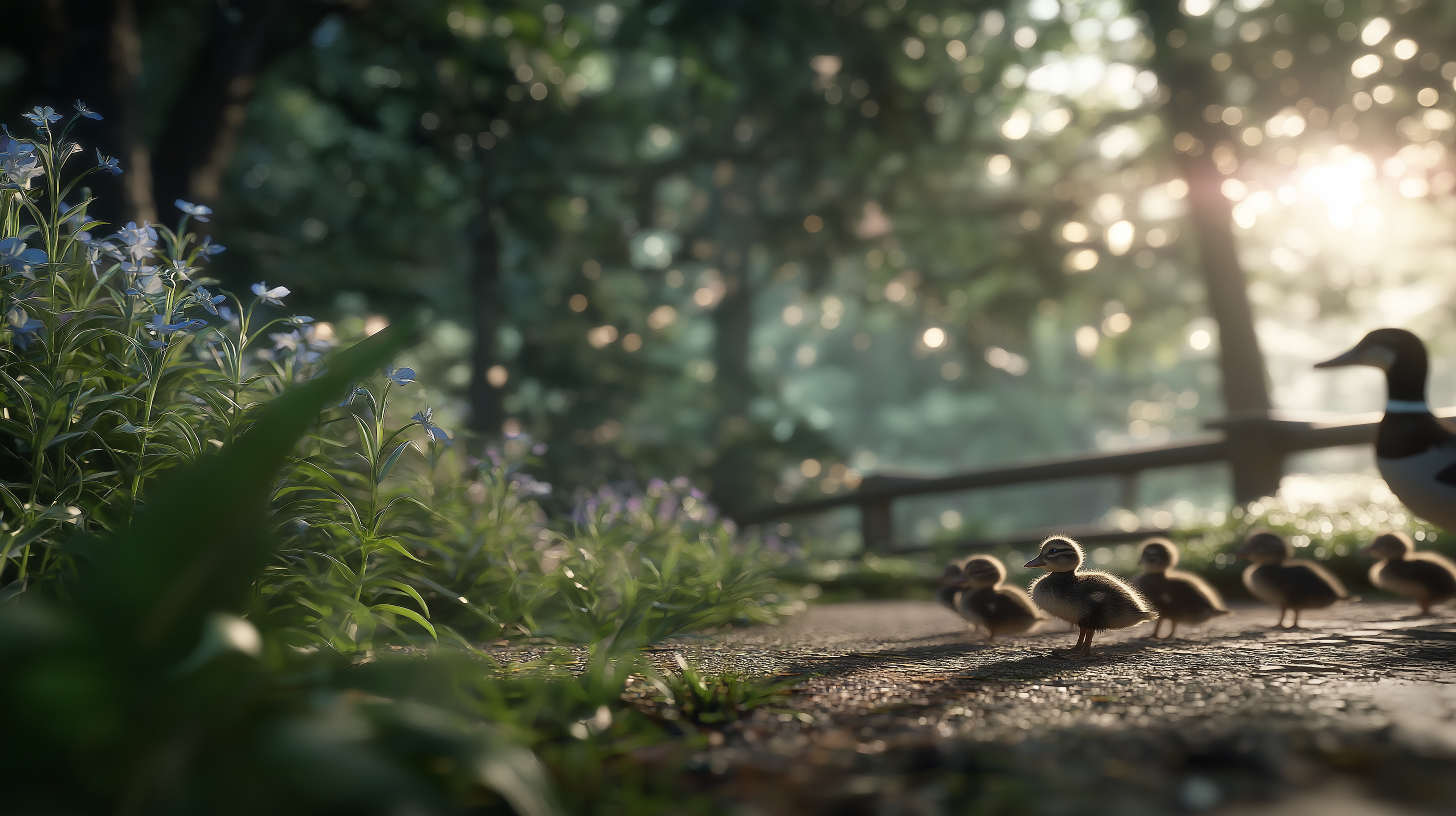 ducks 桌布 壁紙 — 鴨媽媽和她的鴨寶寶沿著陽光明媚的森林小徑行走，旁邊有藍色花朵和綠色樹葉。