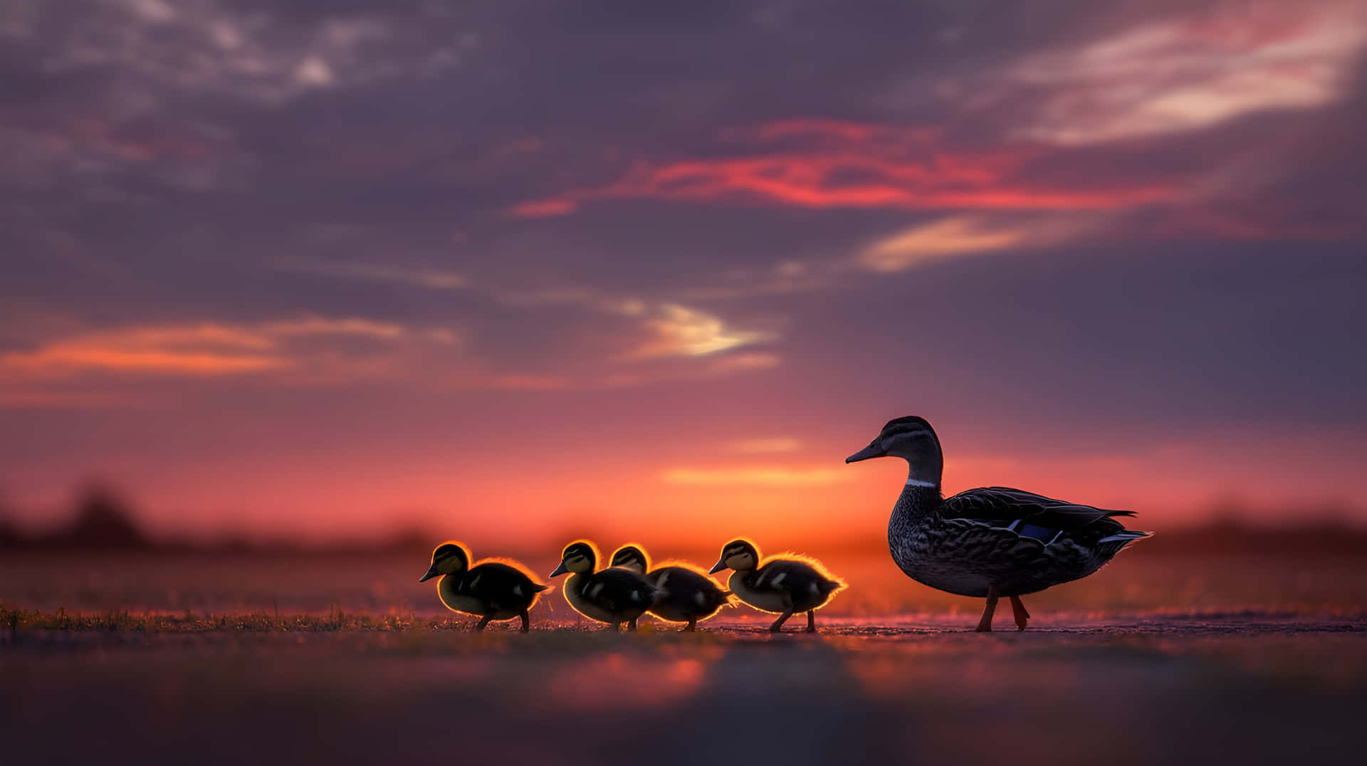 Cinematic Silhouette of Duck and Ducklings at Sunset with Vibrant Sky 壁紙 — 鴨媽媽帶領四隻小鴨穿過濕潤的田野，夕陽下天空燃燒著橙紫色雲彩。