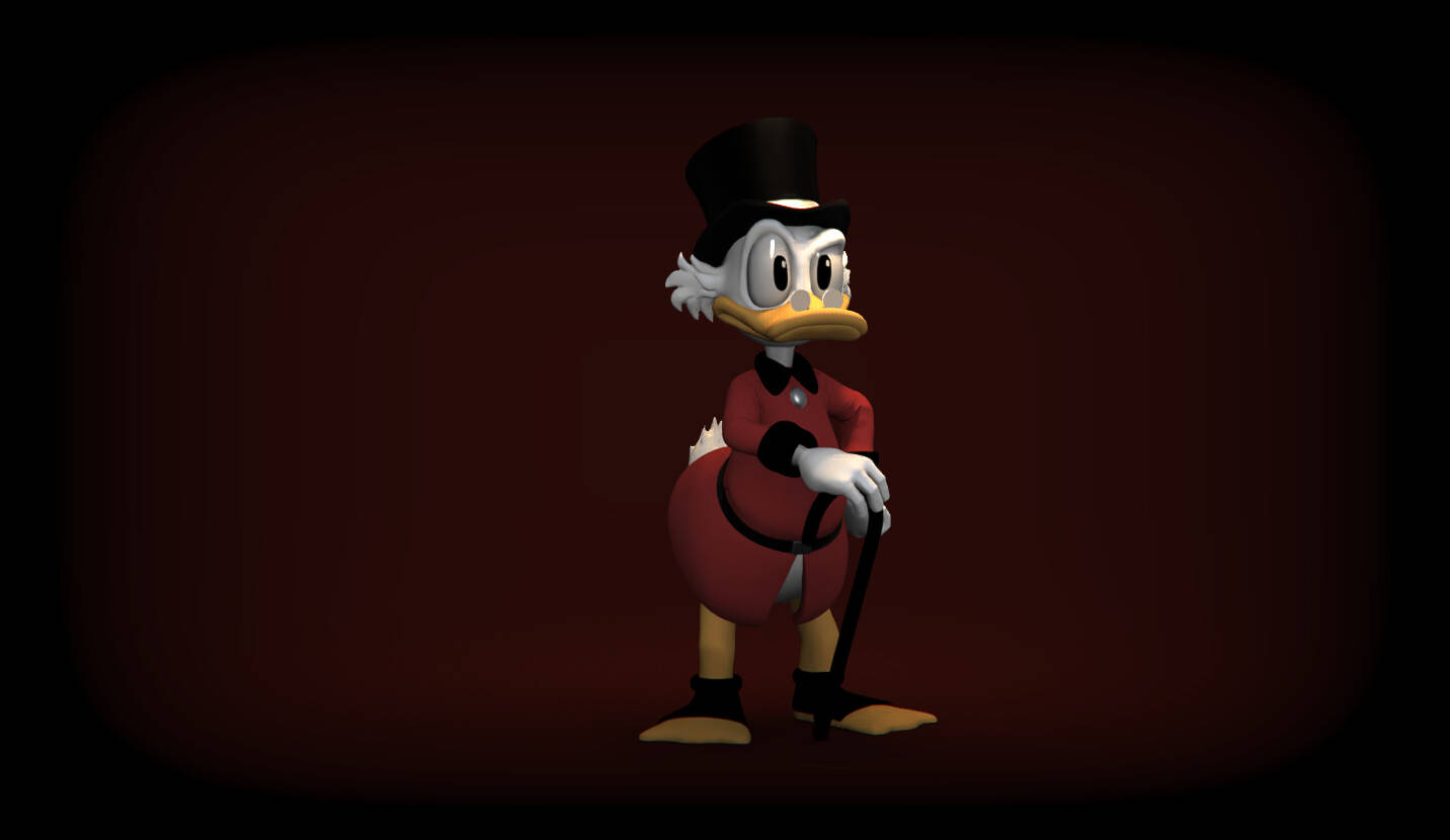 Scrooge 桌布 壁紙 — 鴨子達克沃斯穿著紅色燕尾服和高頂帽，莊嚴地站在深紅色背景前。