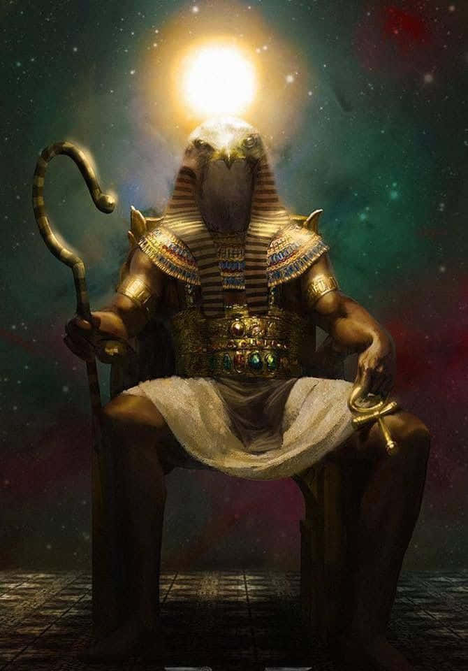 Egyptian Gods 桌布 壁紙 — 鷹頭埃及神荷魯斯威嚴地坐在王座上，頭頂有燦爛的太陽，背景是星空宇宙。