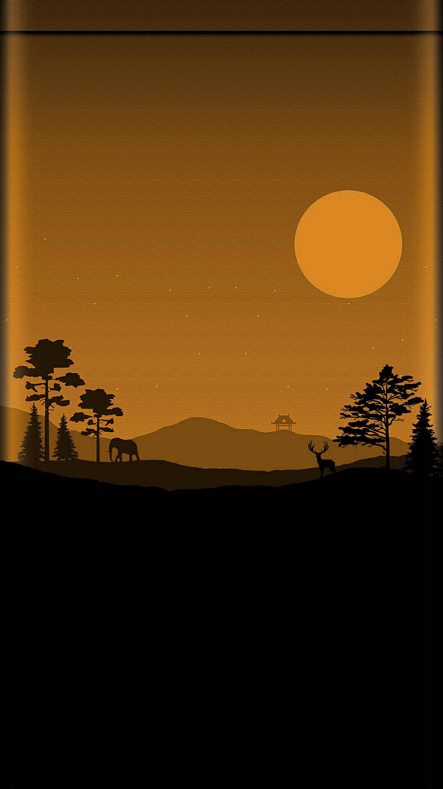 Moon Aesthetic 桌布 壁紙 — 鹿和大象的剪影站在金色暮色景觀中，下方是大太陽和遠處的寶塔。