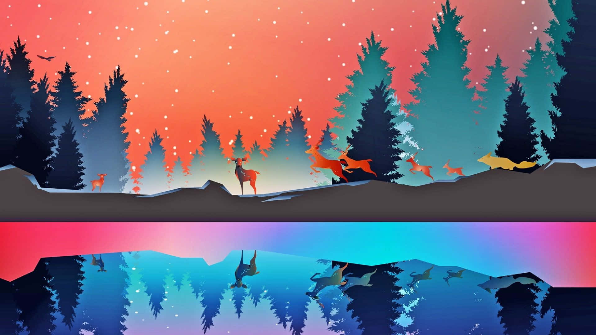 Minimalist Forest 桌布 壁紙 — 鹿和狐狸的剪影在雪脊上跳躍，下方是寧靜湖泊中倒映的熾熱日落天空。