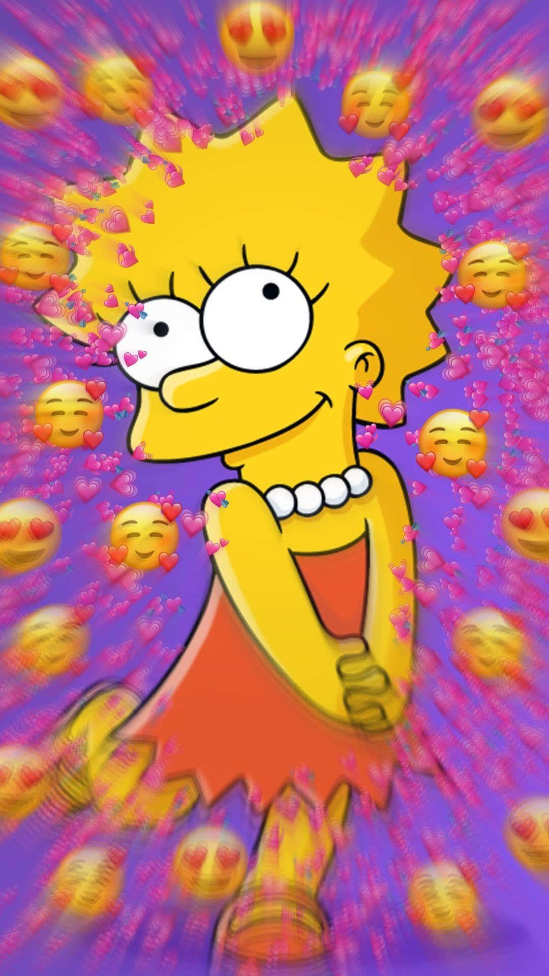 Simpsons Aesthetic 桌布 壁紙 — 麗莎·辛普森在充滿活力的紫色背景上，被漂浮的心形眼睛表情符號包圍，露出燦爛的笑容。