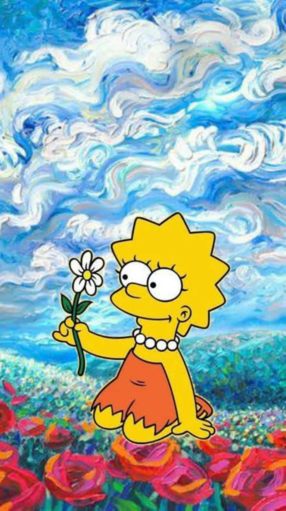 桌布 壁紙 — 麗莎·辛普森在梵谷風格的旋轉藍天下，在紅色花田中間拿著一朵白色雛菊。