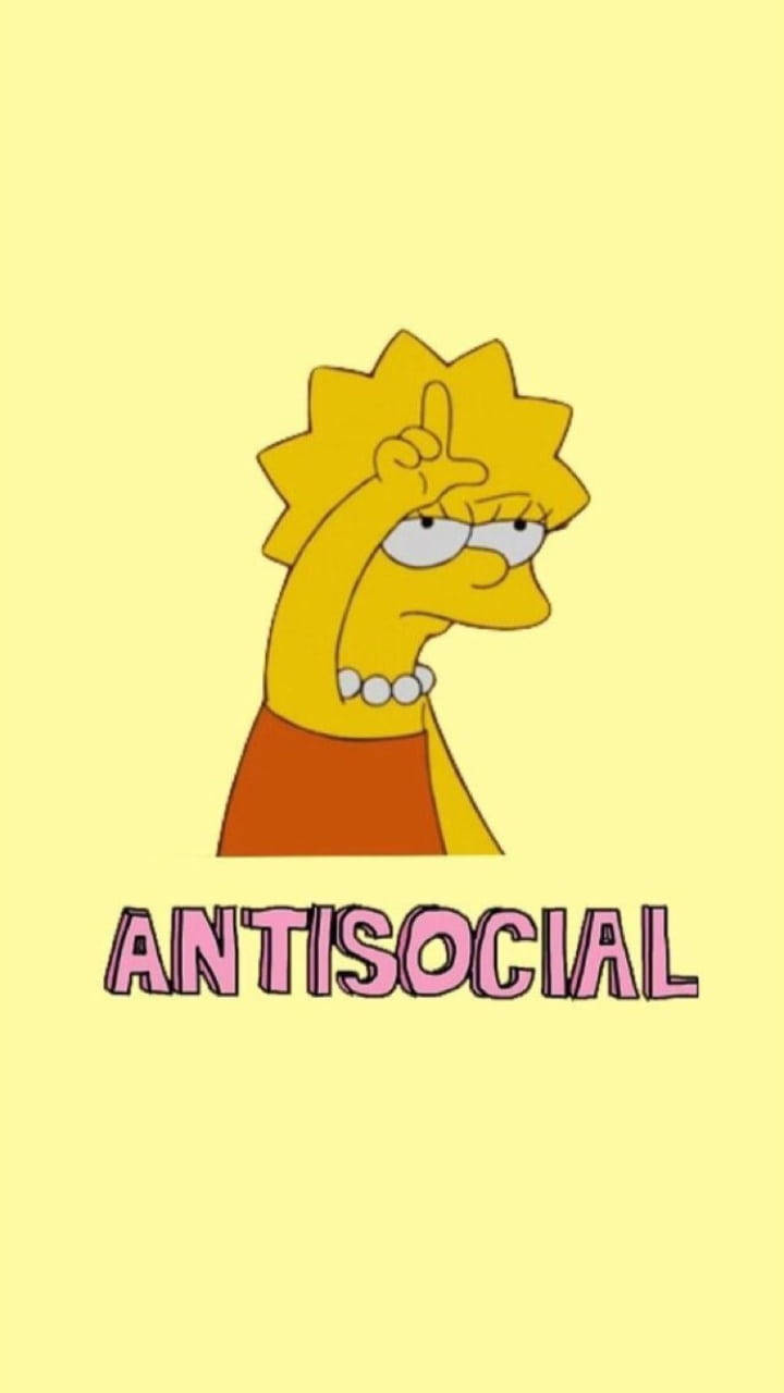 Social 桌布 壁紙 — 麗莎·辛普森在淡黃色背景上做出反社會手勢，下方有粗體粉紅色文字。