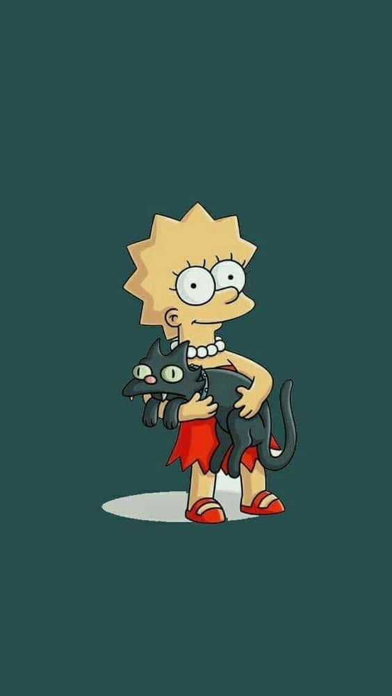 Simpsons Aesthetic 桌布 壁紙 — 麗莎·辛普森在深藍綠色背景上以卡通風格擁抱一隻黑貓。