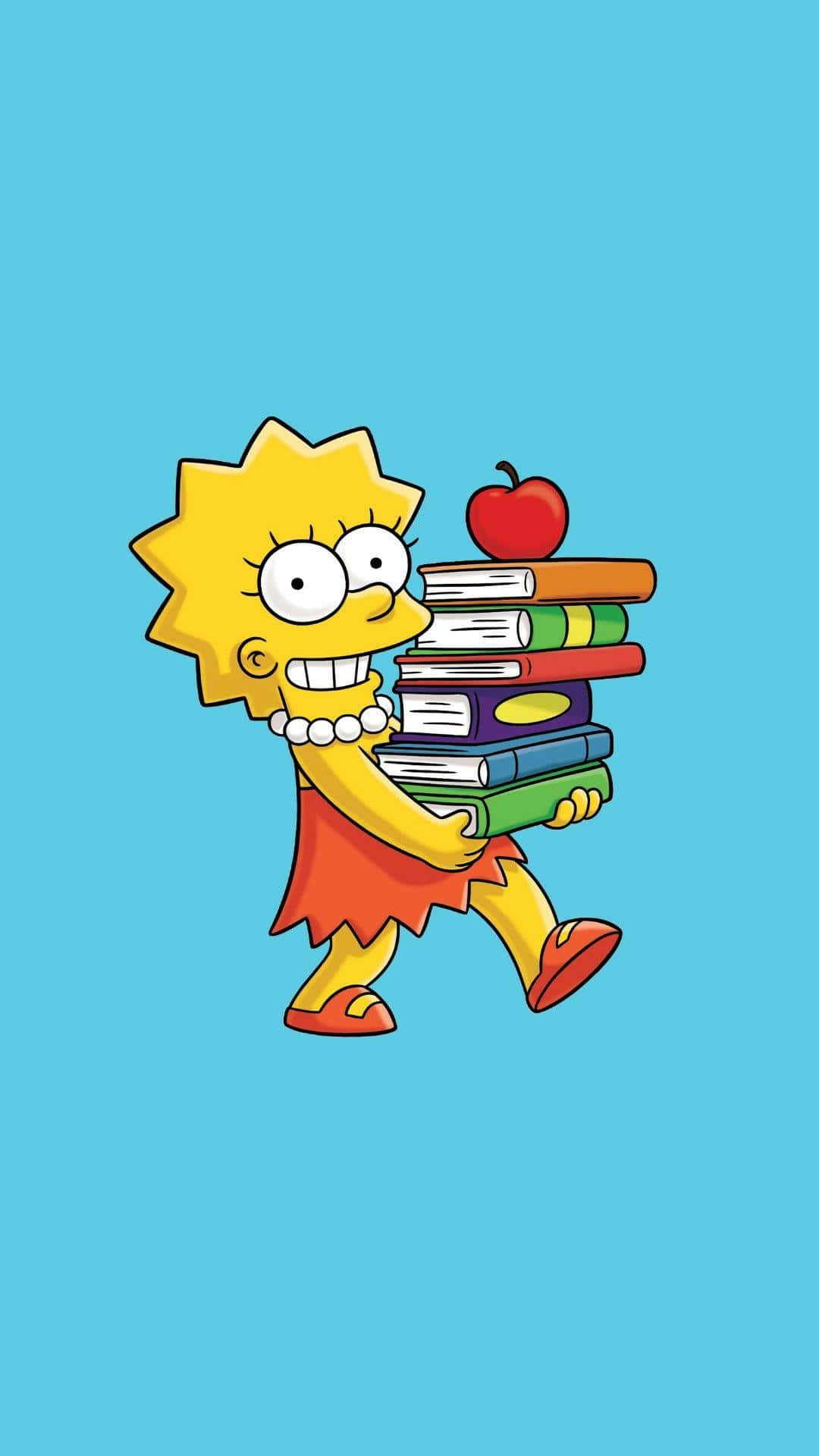 Simpsons Aesthetic 桌布 壁紙 — 麗莎·辛普森在純藍色背景前，拿著一疊高高的彩色書和一個紅蘋果。