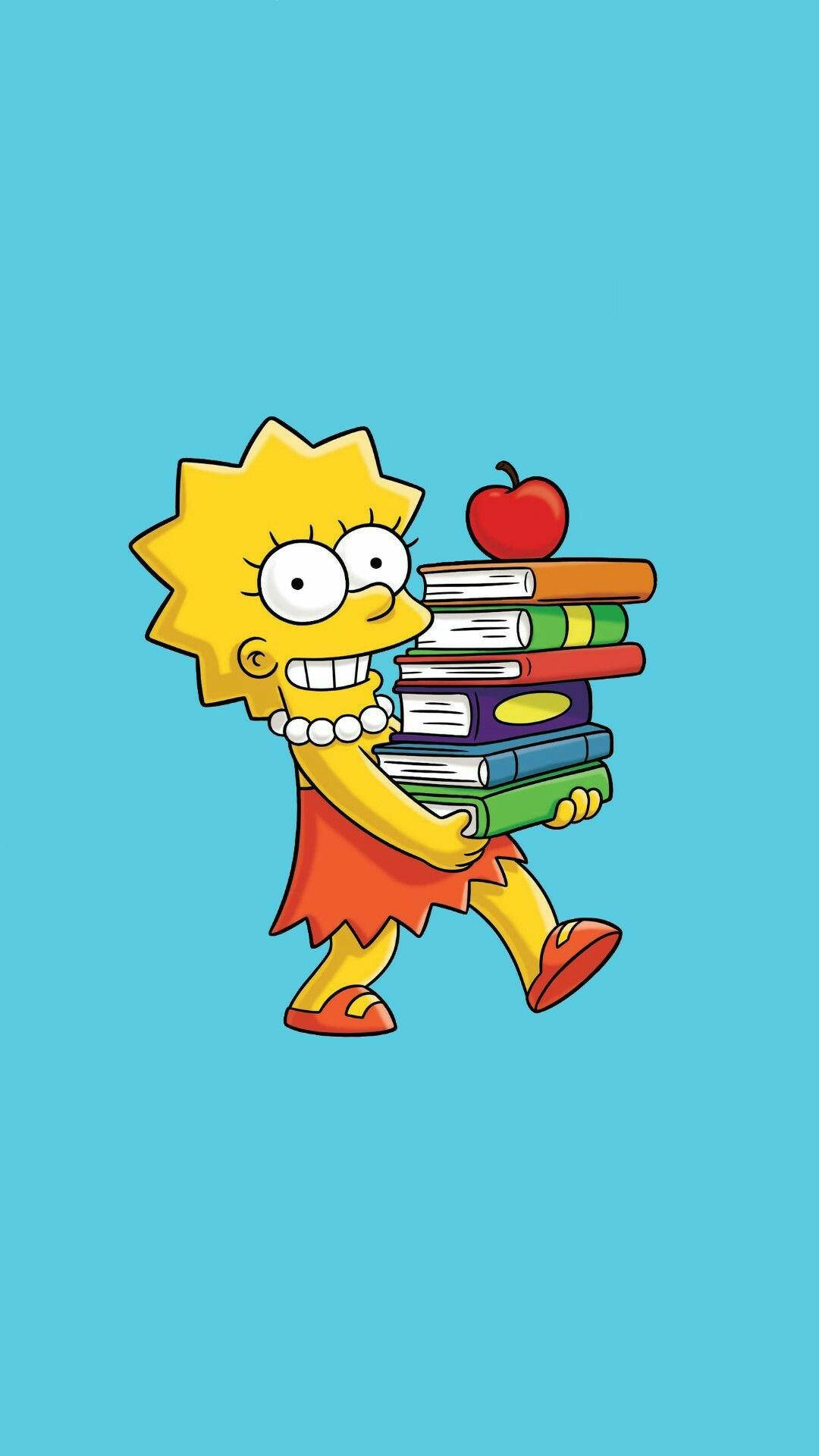 The Simpsons 桌布 壁紙 — 麗莎·辛普森在純藍色背景前，拿著一疊高高的彩色書和一個紅蘋果。