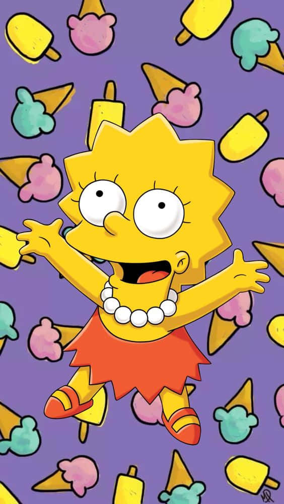 Simpsons Aesthetic 桌布 壁紙 — 麗莎·辛普森在紫色背景前，於色彩繽紛的冰淇淋甜筒和冰棒灑落中歡快地跳躍。