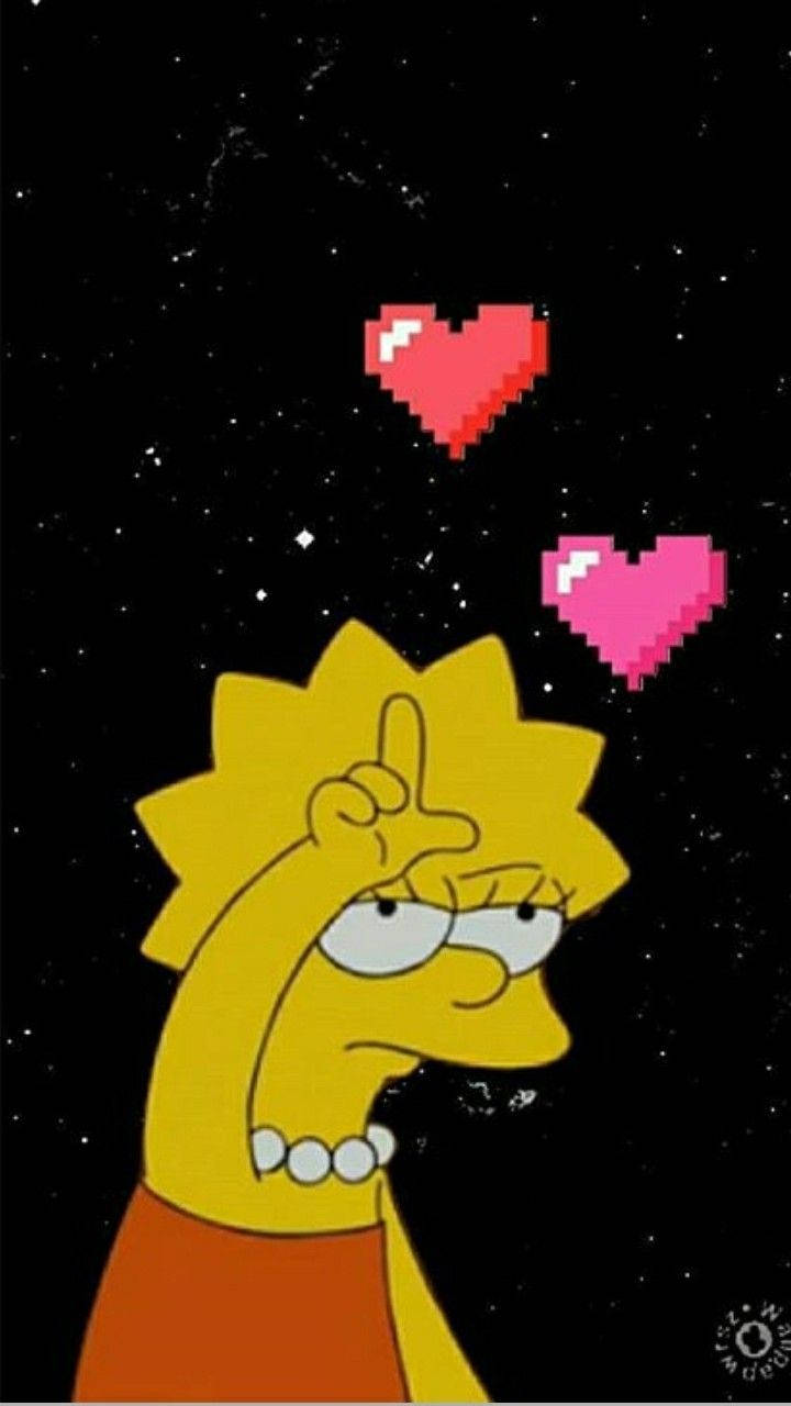Sad Simpsons 桌布 壁紙 — 麗莎·辛普森在繁星點點的夜空下做出粗魯手勢，周圍漂浮著像素愛心。