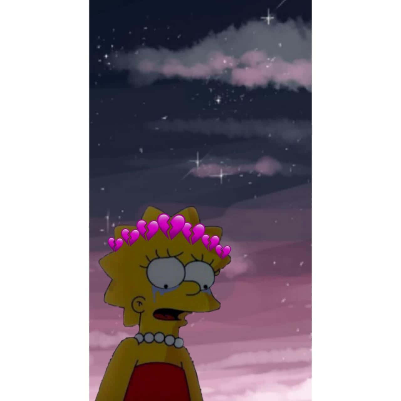 辛普森家庭 桌布 壁紙 — 麗莎·辛普森在繁星點點的粉紅色和紫色夜空下哭泣，破碎的心形表情符號漂浮在她的頭頂。