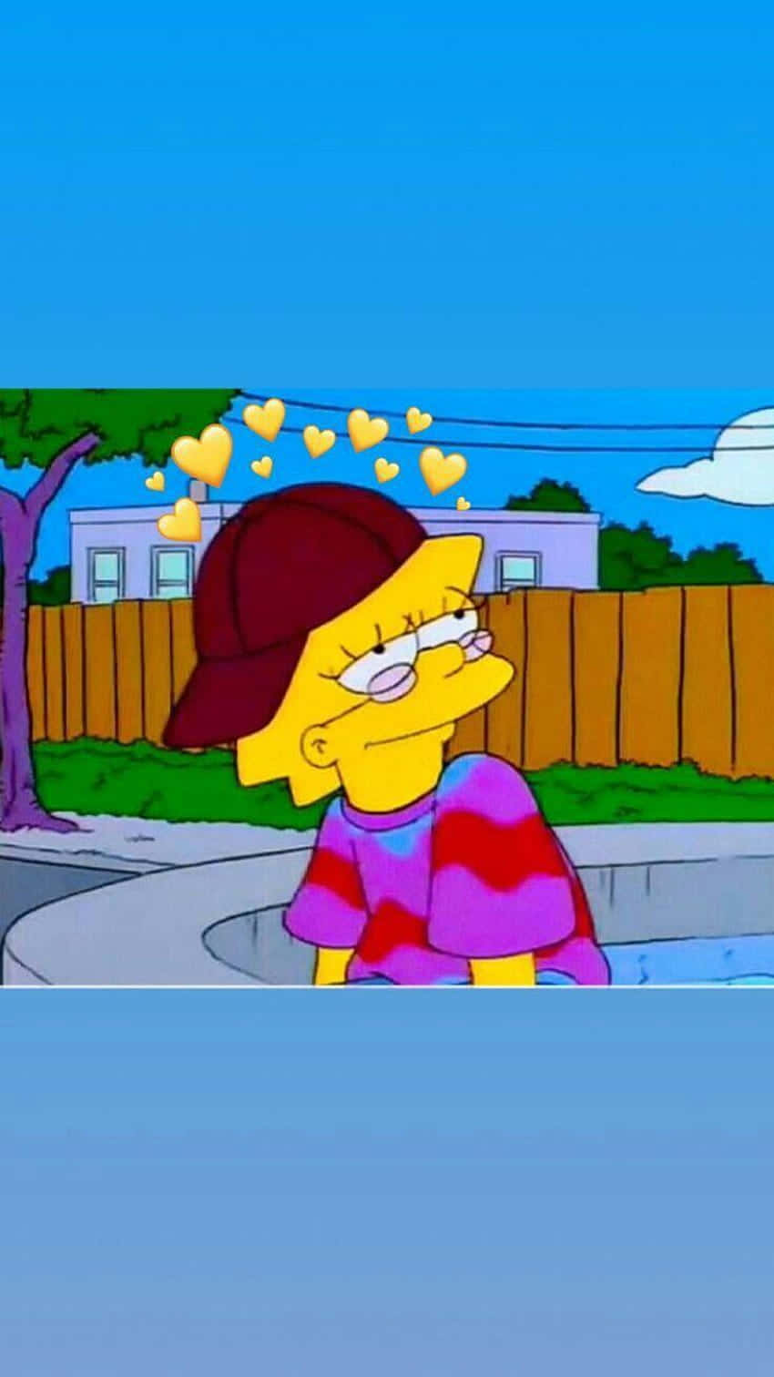 Sad Lisa Simpson 桌布 壁紙 — 麗莎·辛普森坐在路邊，心形圖案漂浮在她頭頂上方，背景是郊區景色。