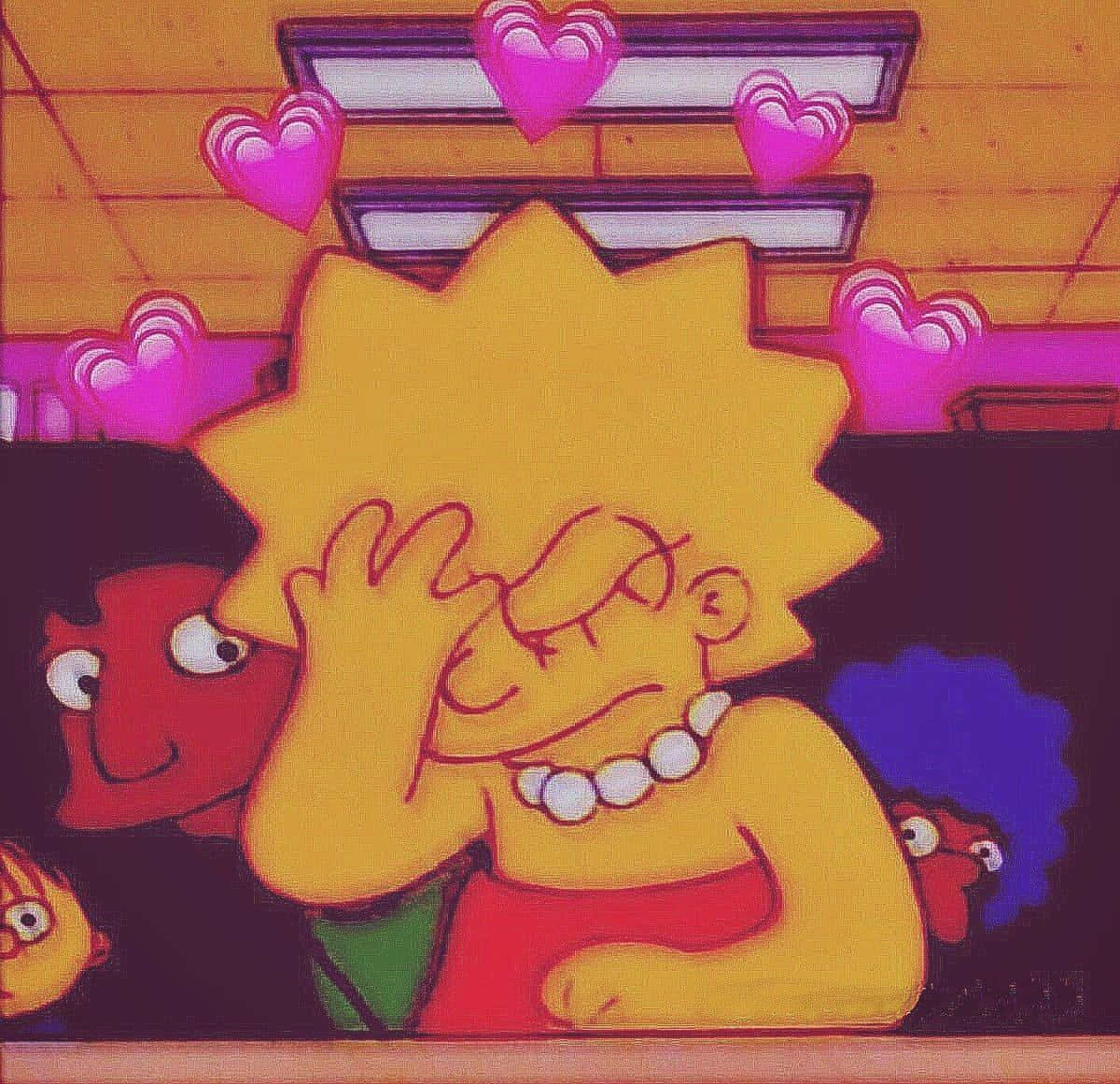Simpsons Aesthetic 桌布 壁紙 — 麗莎·辛普森害羞地臉紅，心形圖案漂浮在頭頂，朋友們從後面偷看，構成一個充滿活力的卡通場景。