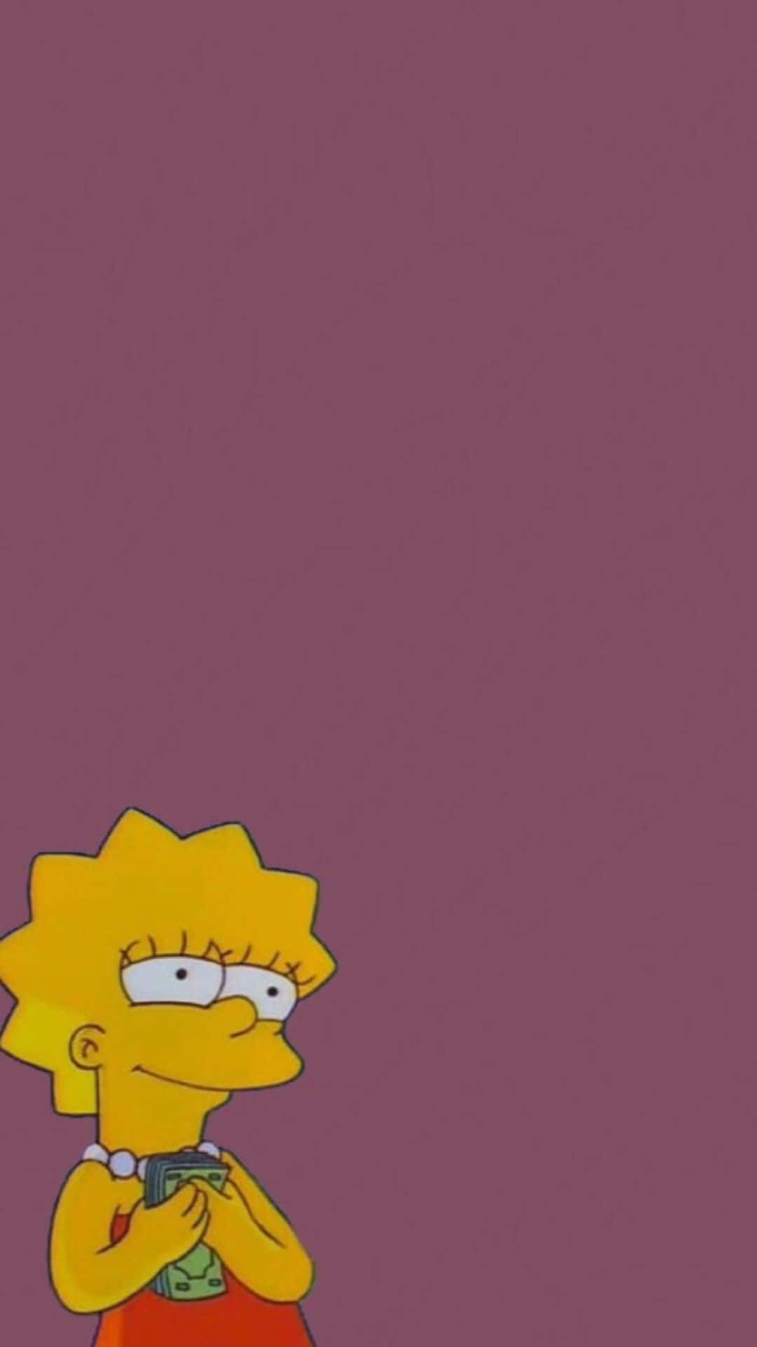 Simpsons Aesthetic 桌布 壁紙 — 麗莎·辛普森微笑著，手持一個綠色遊戲控制器，背景為純淡紫色。