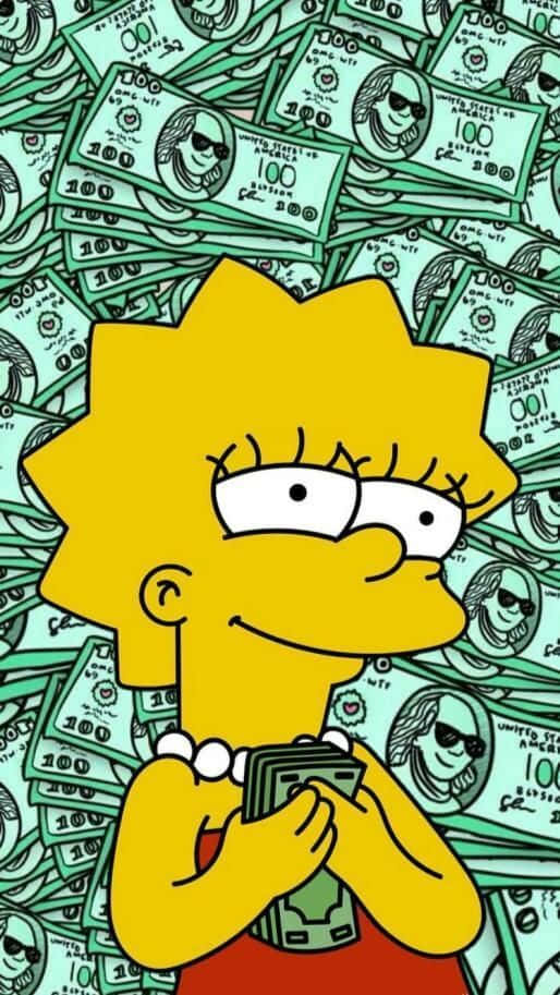 Simpsons Aesthetic 桌布 壁紙 — 麗莎·辛普森微笑著緊握一疊百元鈔票，周圍是一片綠色的鈔票海。