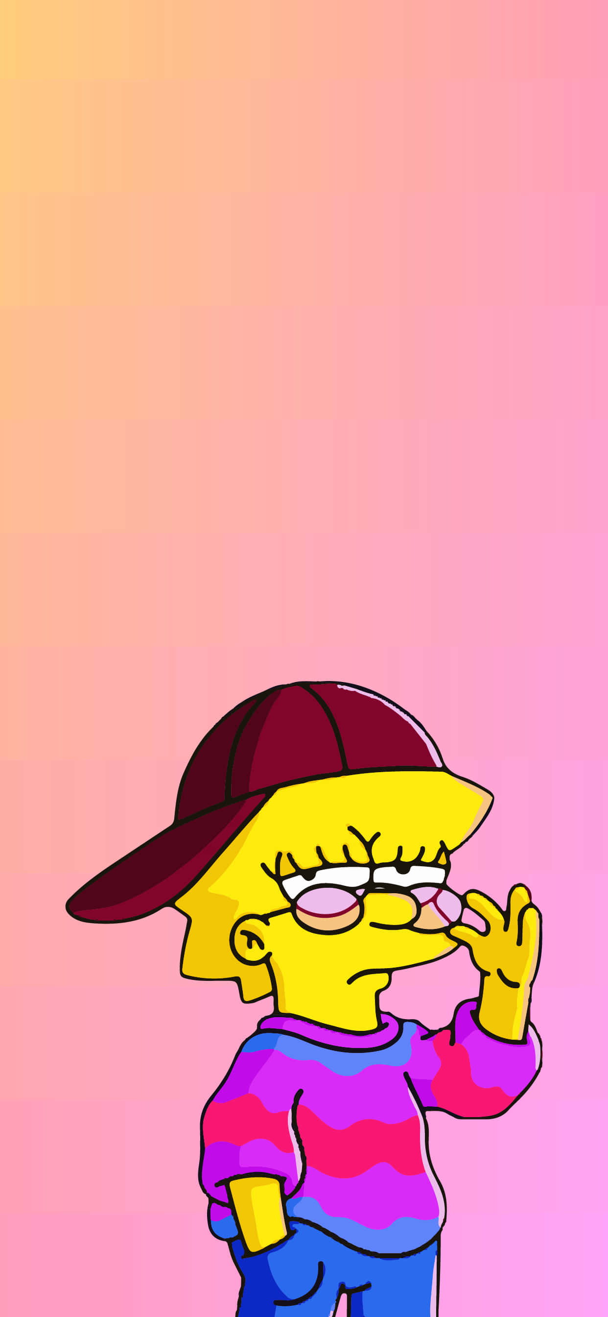 Simpsons Aesthetic 桌布 壁紙 — 麗莎·辛普森戴著栗色帽子和條紋毛衣，在柔和的粉紅色漸變背景前調整眼鏡。