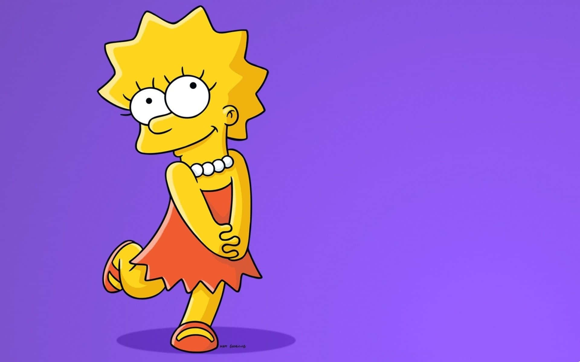 Simpsons Aesthetic 桌布 壁紙 — 麗莎·辛普森穿著她標誌性的紅色連衣裙和珍珠項鍊，在純紫色背景前自信地擺姿勢。