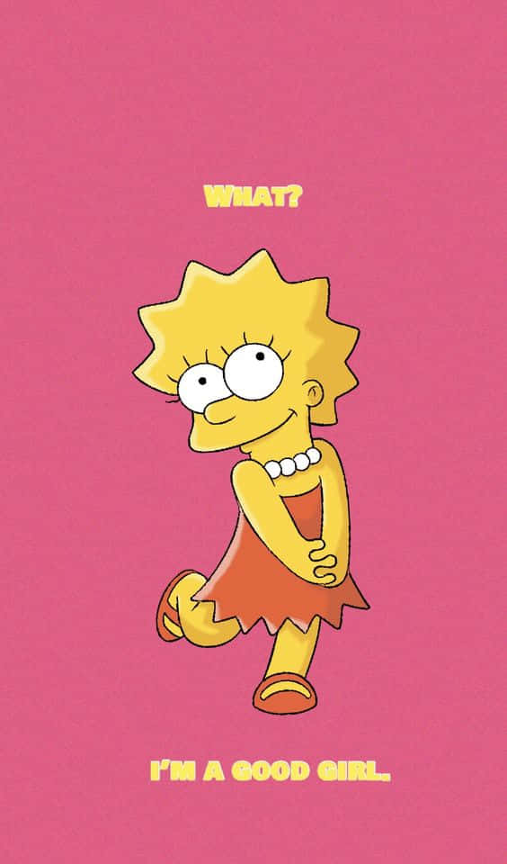 Simpsons Aesthetic 桌布 壁紙 — 麗莎·辛普森穿著紅色連衣裙和珍珠項鍊，在純粉色背景上帶著得意的微笑擺姿勢，並附有文字。