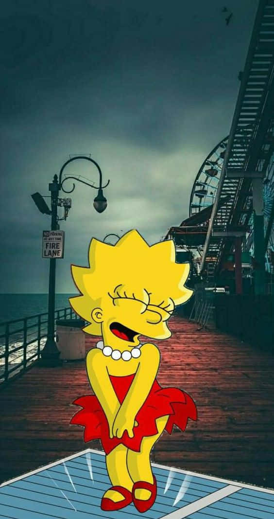 Simpsons Aesthetic 桌布 壁紙 — 麗莎·辛普森穿著紅色連衣裙和珍珠項鍊，站在暴風雨的碼頭上，背景有摩天輪。