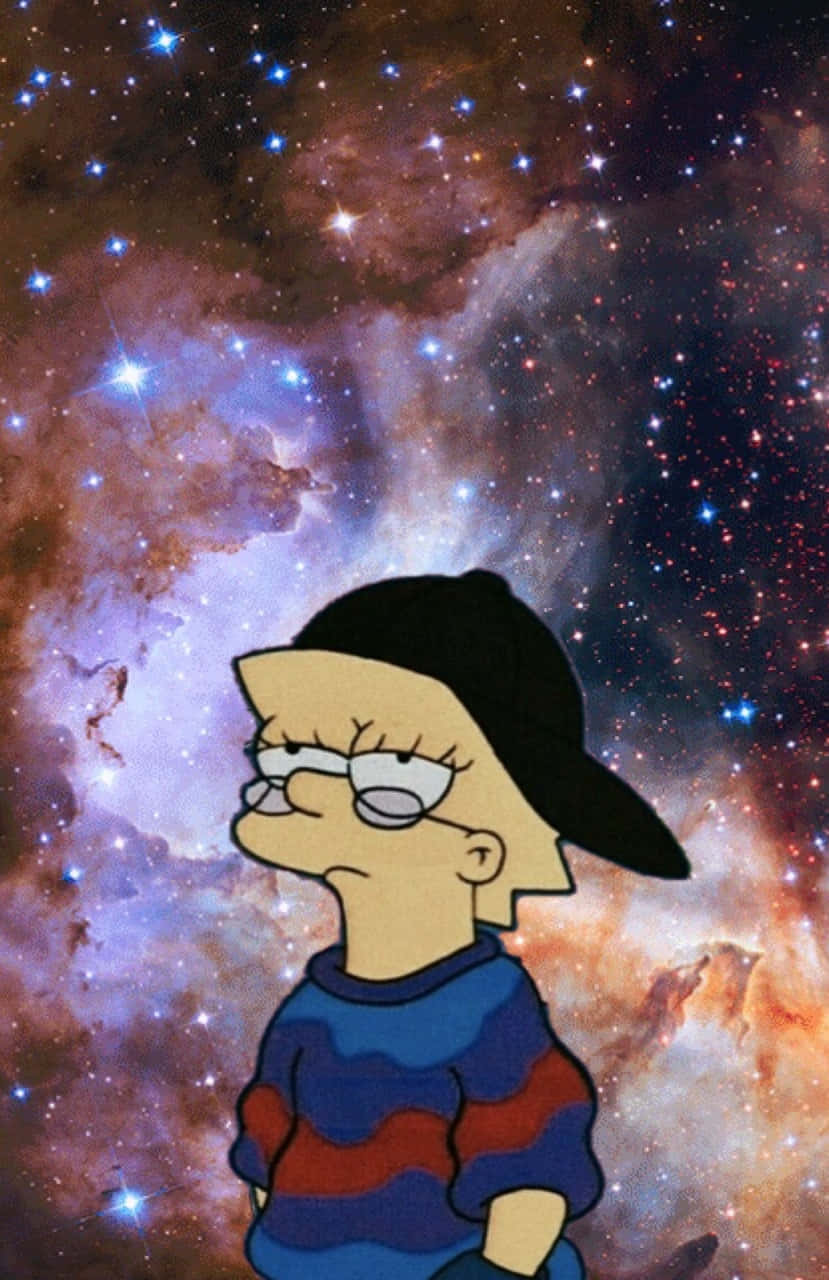 辛普森家庭 桌布 壁紙 — 麗莎·辛普森站在一個充滿活力的宇宙星雲中，星星和五彩斑斕的雲彩在她身後旋轉。