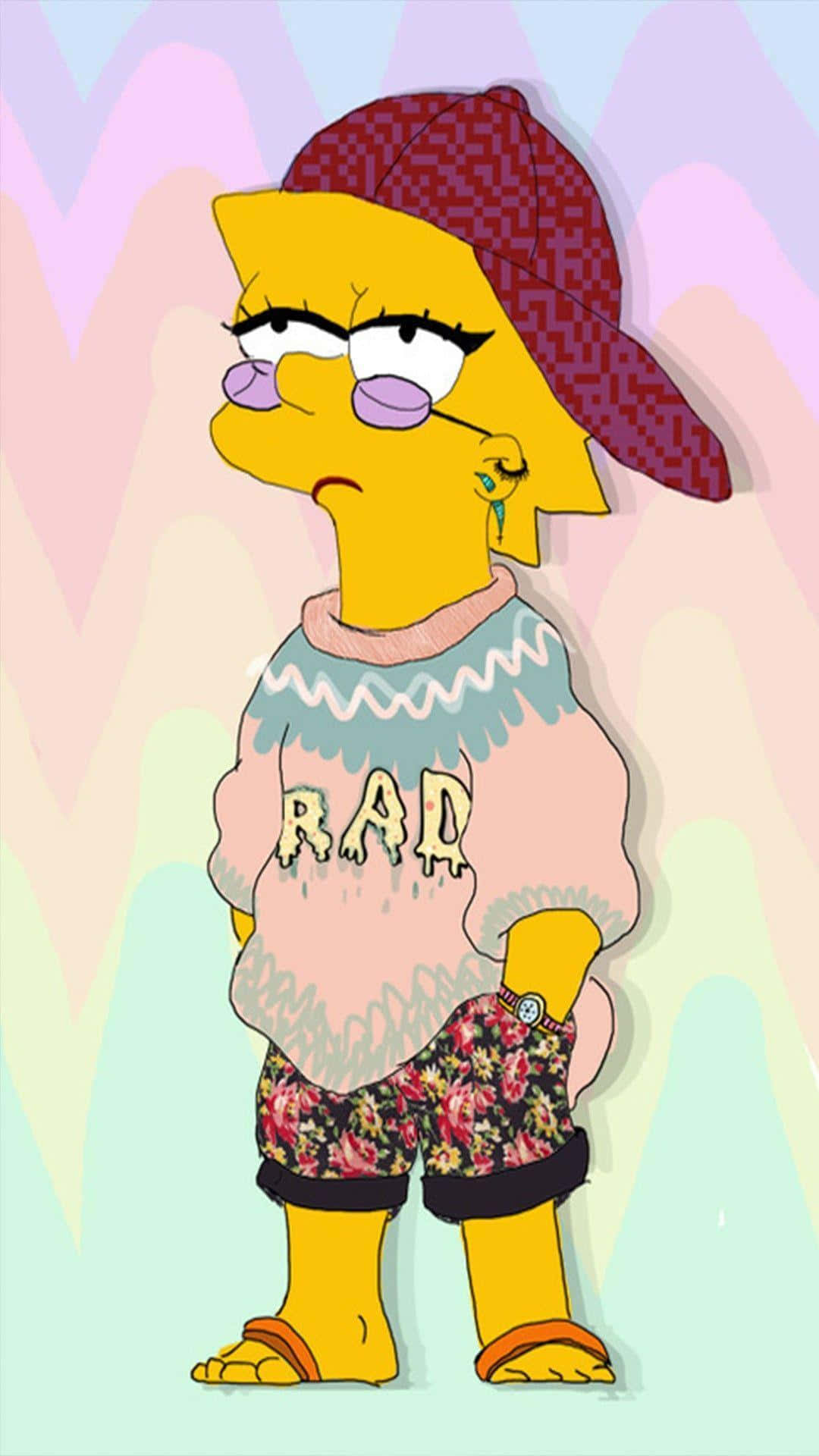 Simpsons Aesthetic 桌布 壁紙 — 麗莎·辛普森站著，表情無聊，戴著紅色帽子、眼鏡，穿著「RAD」毛衣，背景是粉彩鋸齒圖案。