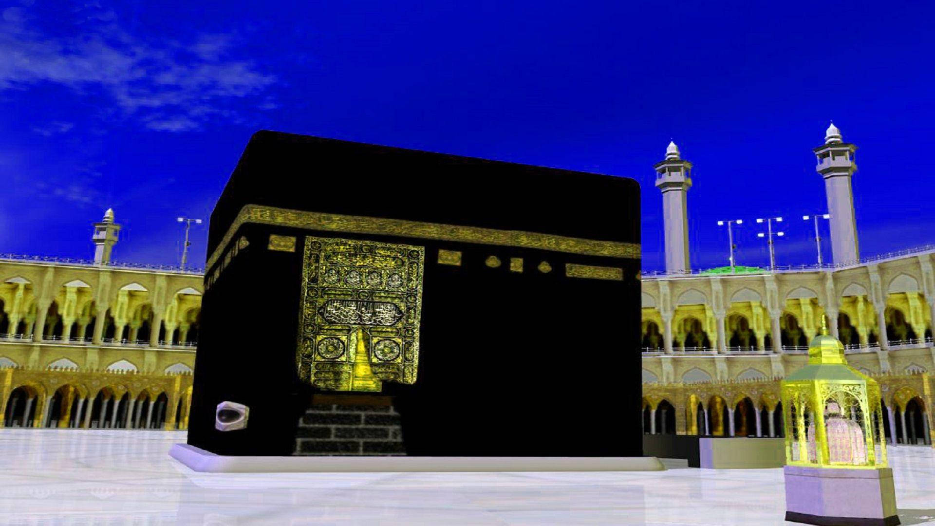 Makkah 桌布 壁紙 — 麥加的天房在深藍色暮色下閃耀，帶有金色飾邊和周圍燈火通明的清真寺建築。