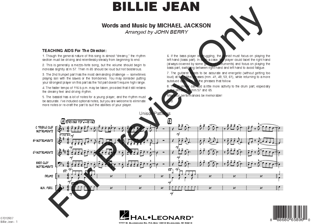 麥可·傑克森 桌布 壁紙 — 麥可·傑克森《Billie Jean》的樂譜，上面有教學輔助工具和音樂符號，還有一個大的「For Preview Only」浮水印。