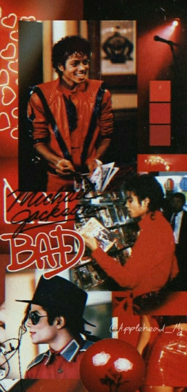 Michael Jackson Thriller 桌布 壁紙 — 麥可傑克森「Bad」時代紅色服裝的鮮明拼貼畫，在帶有心形和專輯藝術的醒目紅色背景上微笑並手持專輯。